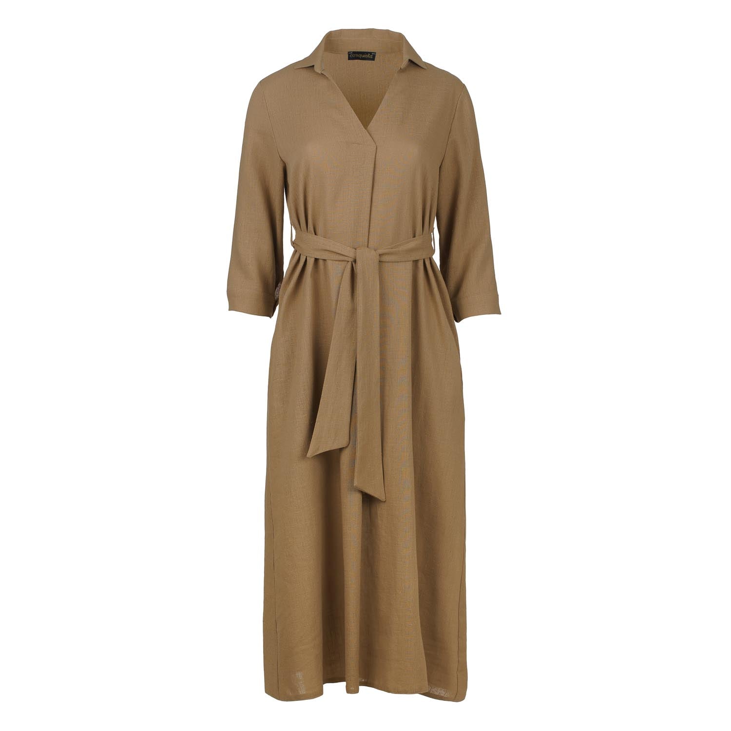 Conquista Women's Neutrals Beige Linen Style Midi Dress With Belt In Beige