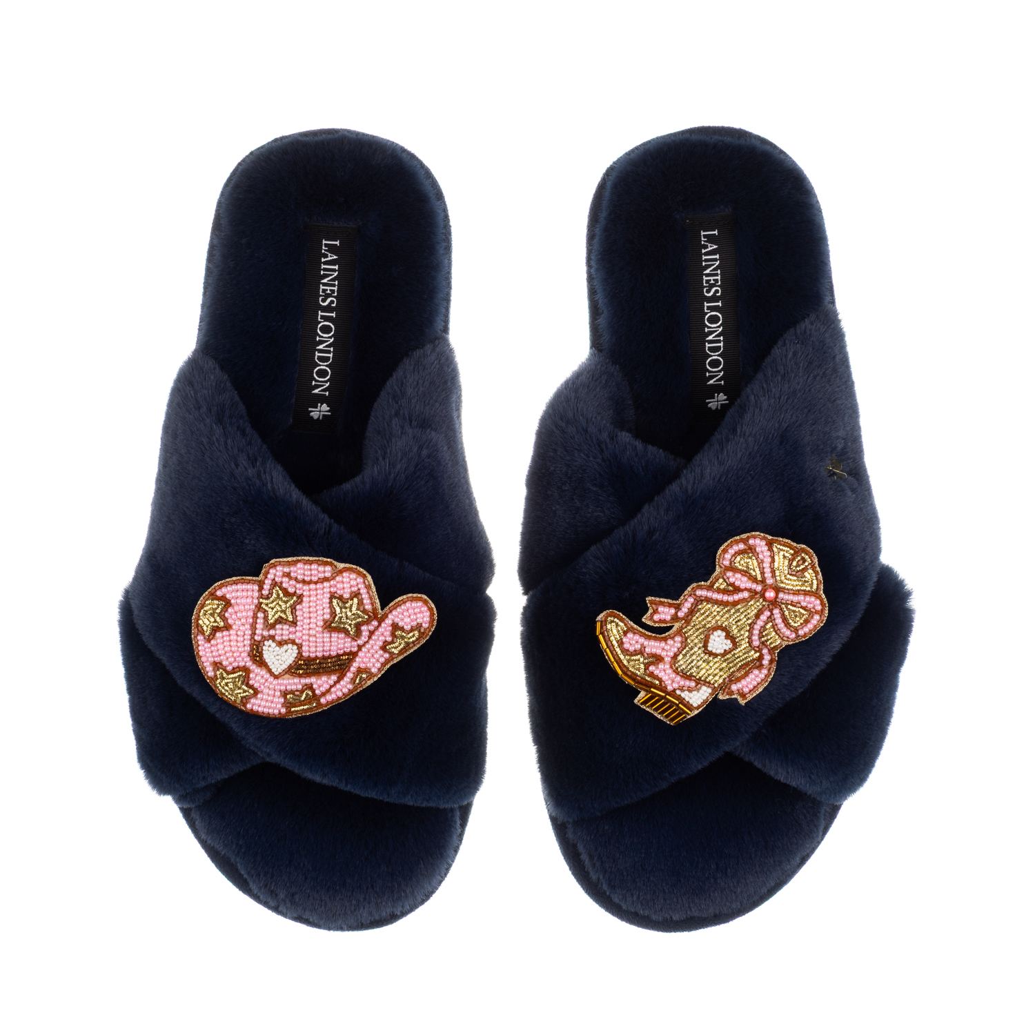 Laines London Women's Blue Classic Laines Slippers With Cowgirl Hat & Cowgirl Boots Brooches  - Navy In Blue