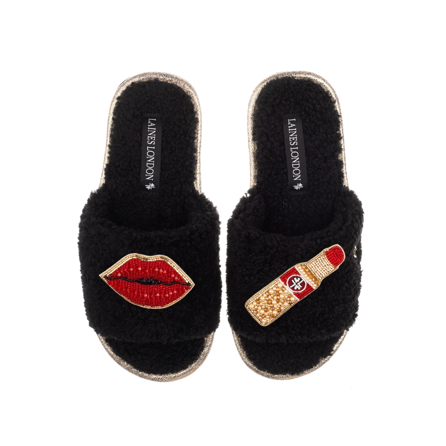 Laines London Women's Teddy Toweling Slipper Sliders With Red Lipstick & Lips Brooches - Black In Black