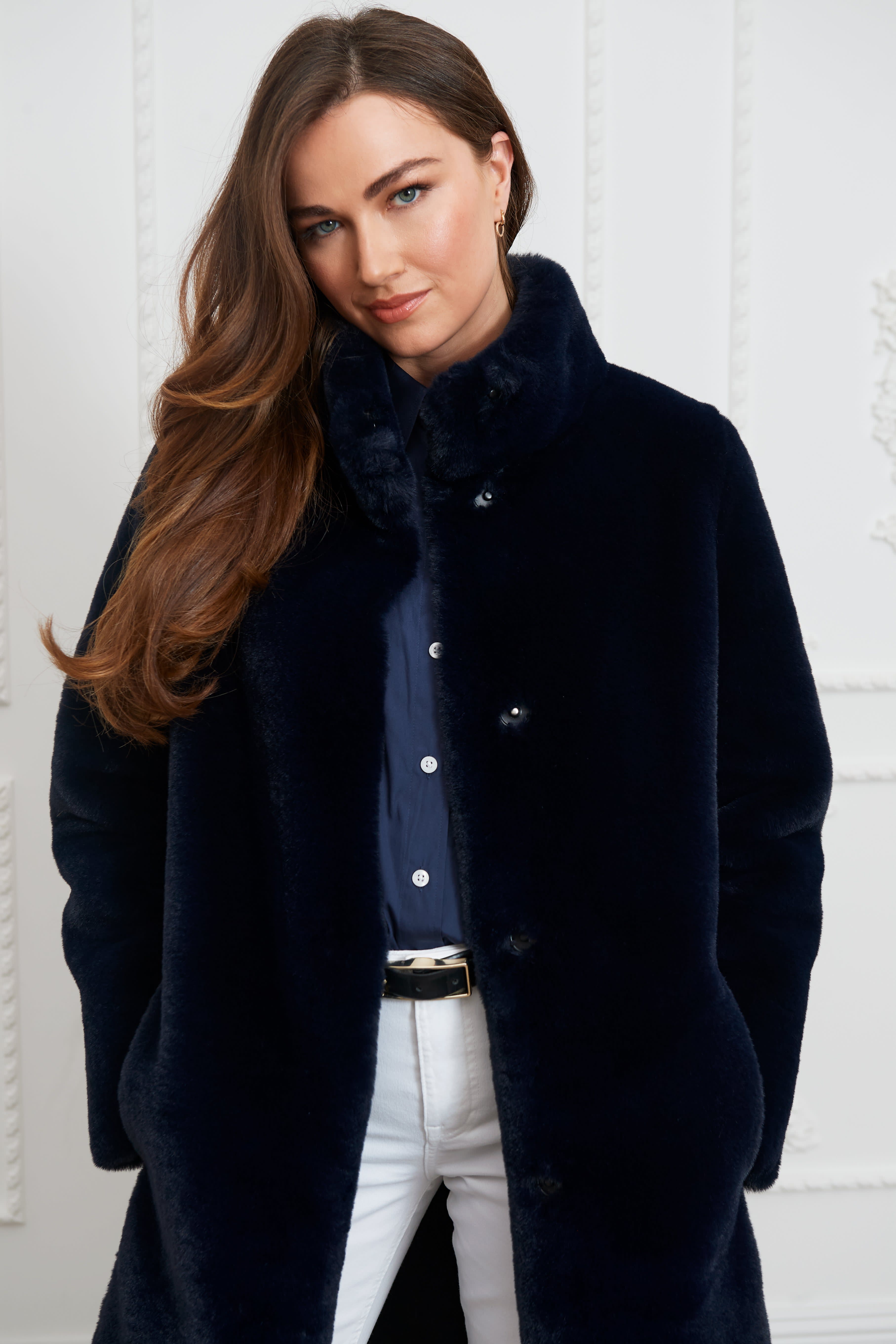 Jackie Faux Fur Shearling Coat Midnight Blue ISSY LONDON Wolf Badger