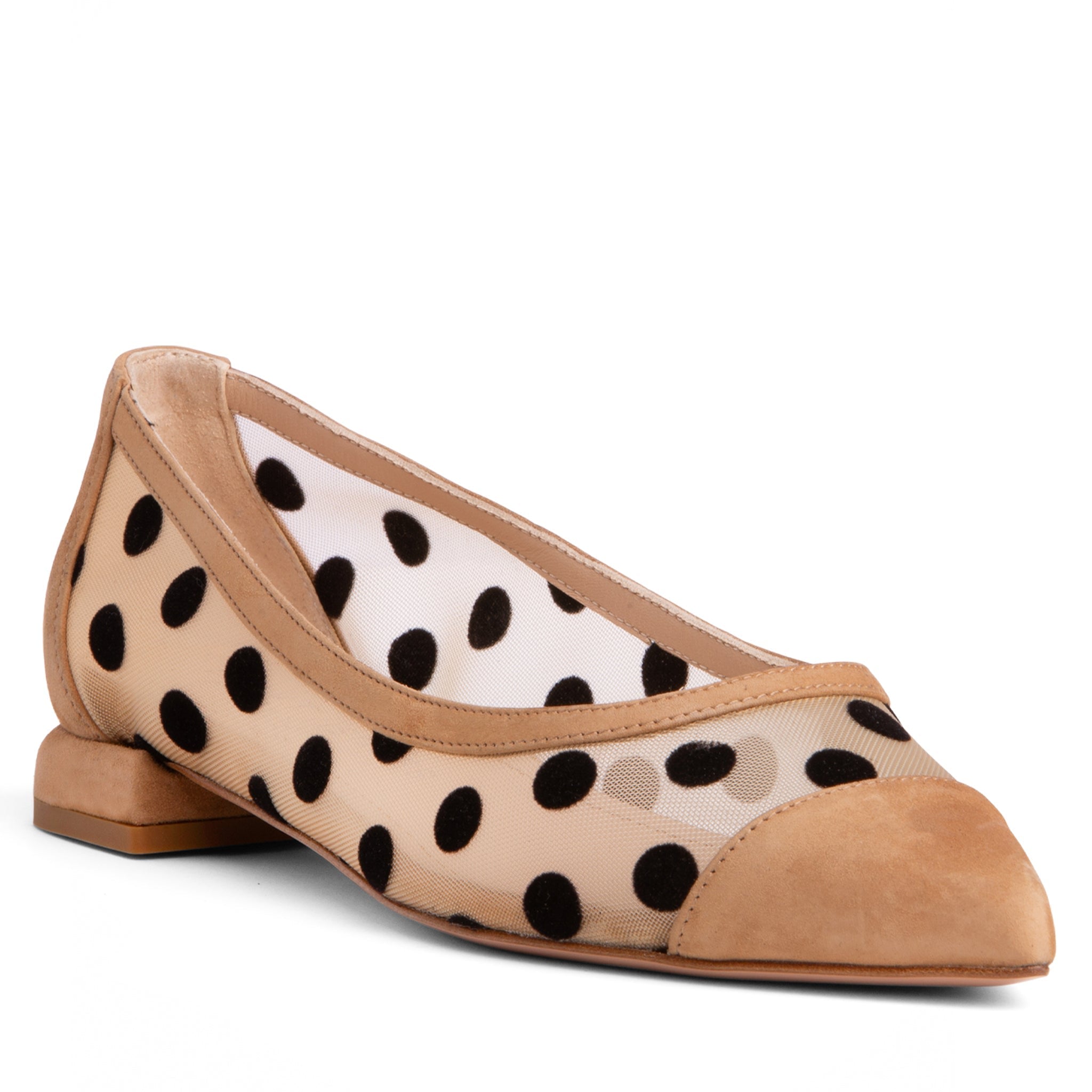 Beautiisoles By Robyn Shreiber Made In Italy Women's Blake Brown Suede Ballerina Polka Dots & Mesh Comfortable Work & Evening Sexy Flat In Brown
