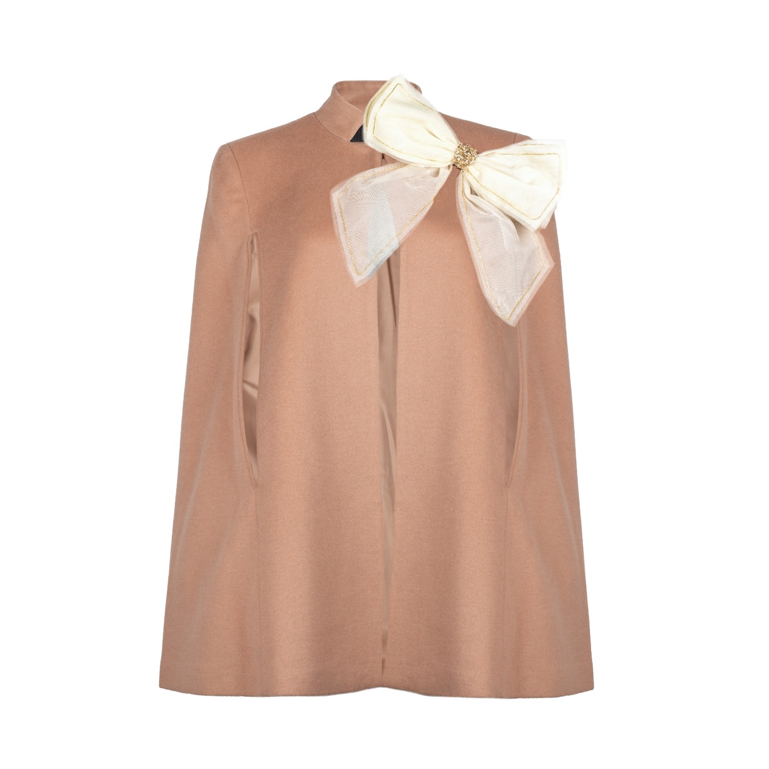 Laines London Women's Brown / Neutrals / White Laines Couture Wool Blend Cape With Embellished Cream & Gold Bow In Multi