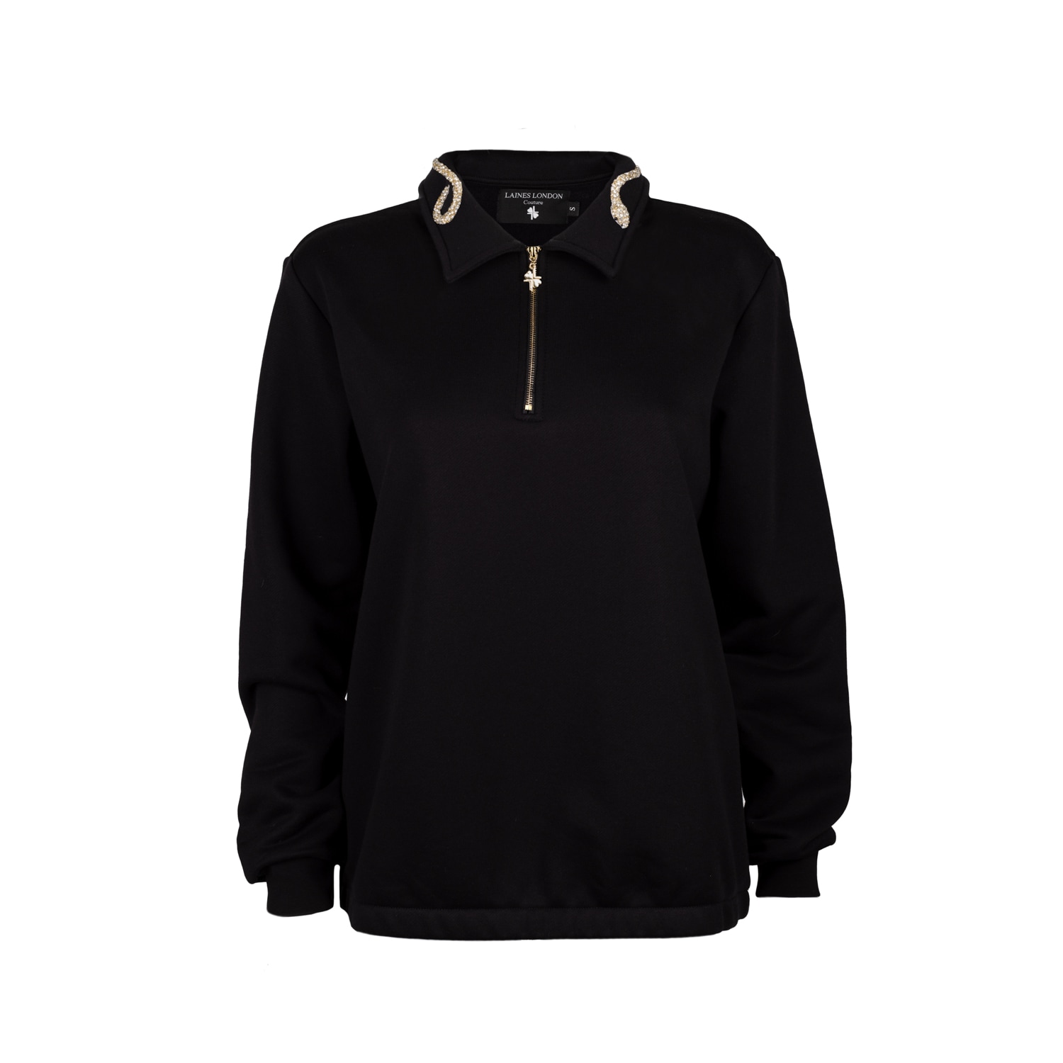 Laines London Women's Laines Couture Black Quarter Zip Sweatshirt Embellished With Crystal & Pearl Snake In Black