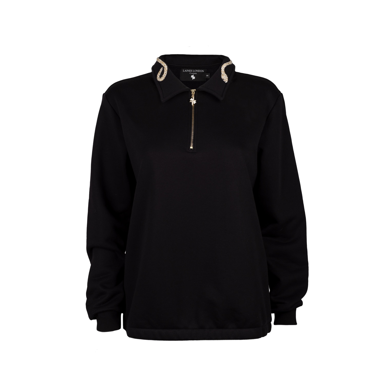 Women’s Laines Couture Black Quarter Zip Sweatshirt Embellished With Crystal & Pearl Snake Large Laines London