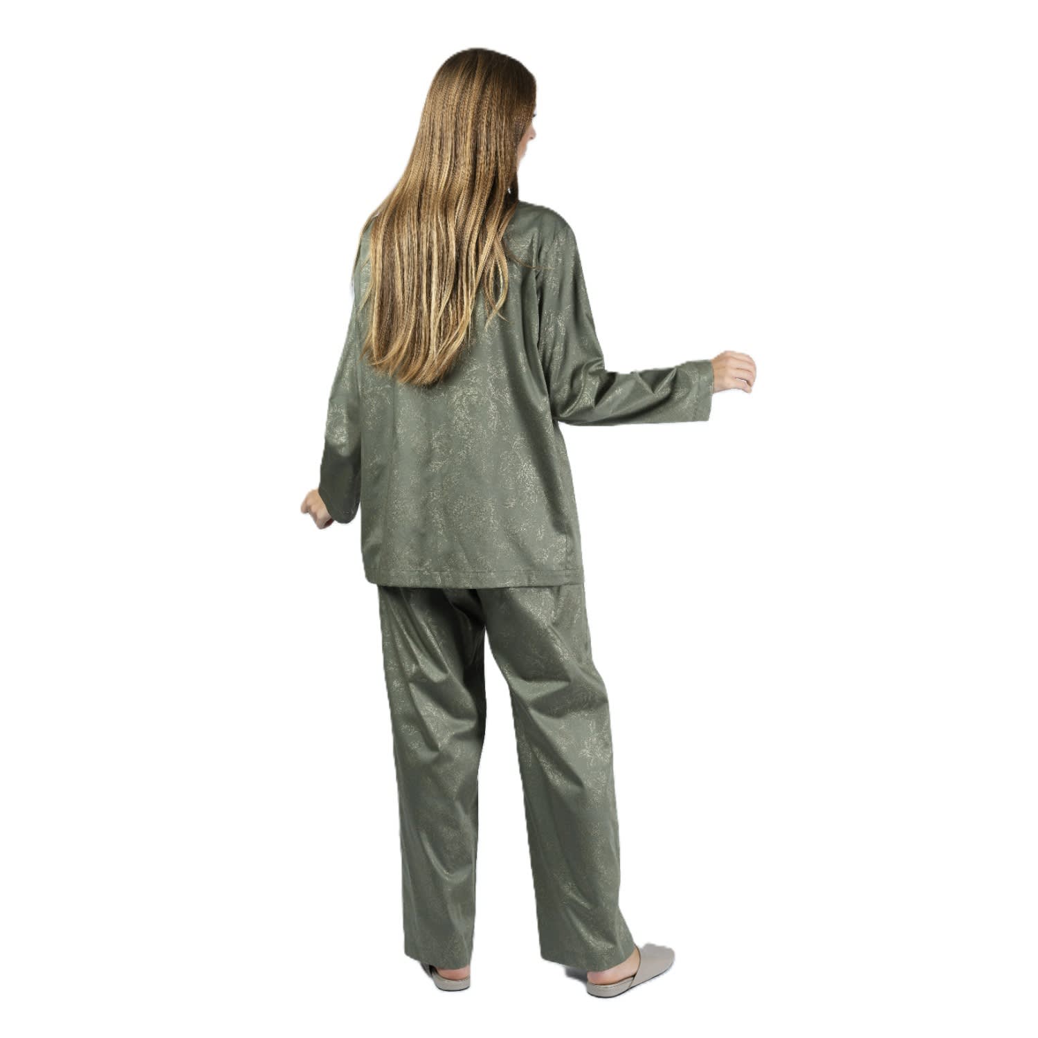 Decoflux Home Women's Green Long Pyjama Set Shirt And Pants - Rose Line Wild Sage