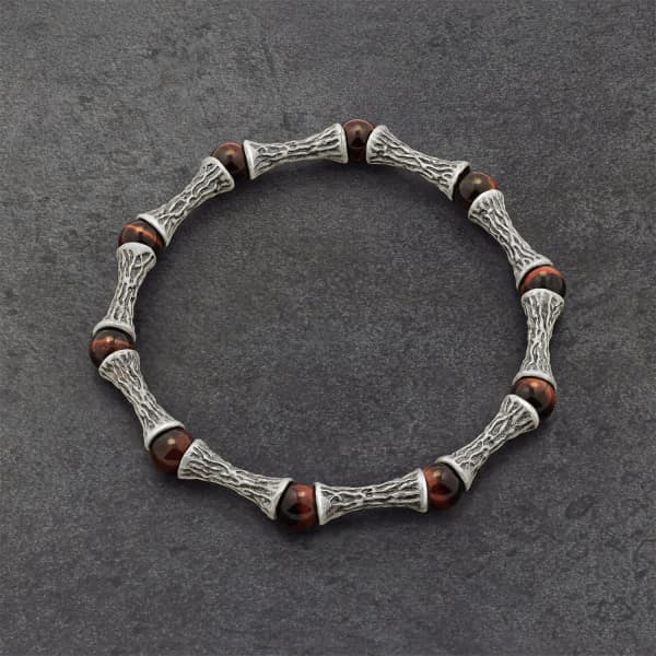 Snake Bones Red Tiger Eye Beads Oxidized Sterling Silver Bracelet In Silver