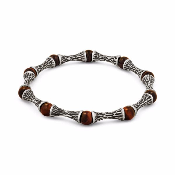 Snake Bones Red Tiger Eye Beads Oxidized Sterling Silver Bracelet In Silver