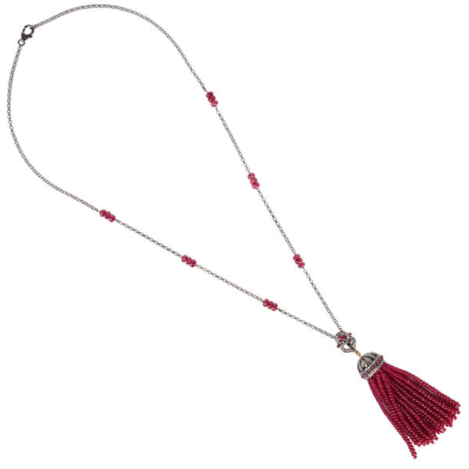 Women’s Pink / Purple / Silver Diamond Ruby Beaded Necklace 18Kt Gold 925 Sterling Silver Tassel Jewelry Artisan