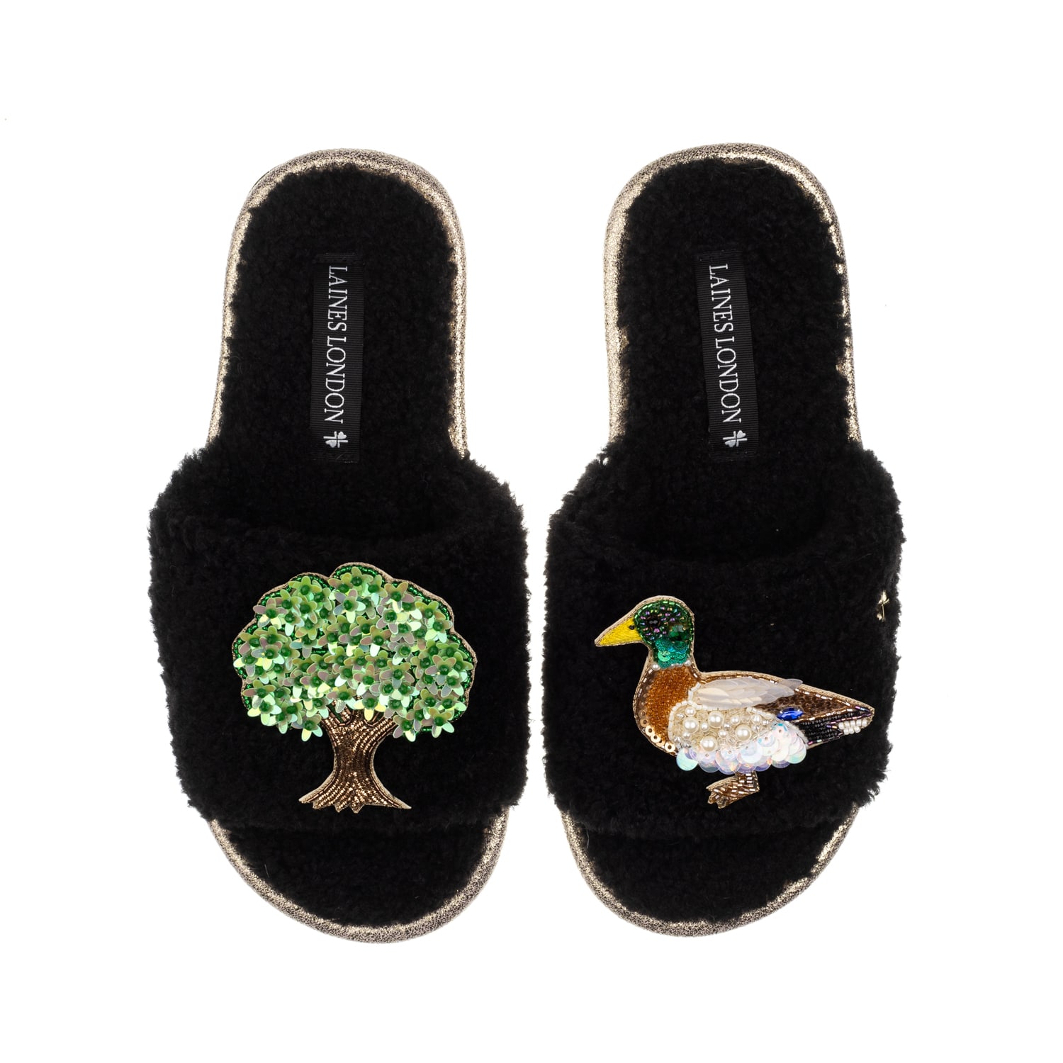 Laines London Women's Teddy Toweling Slipper Sliders With Oak Tree & Duck Brooches - Black In Black