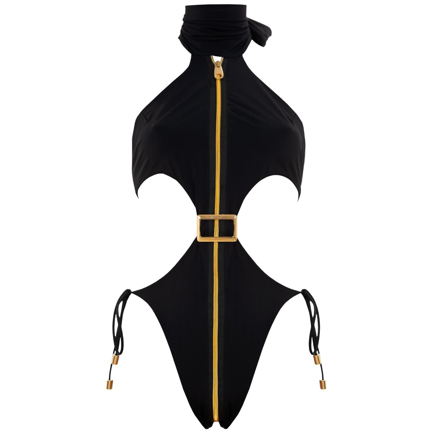 Antoninias Women's Cynosure Cut-out One-piece Swimwear With Golden Details And Zip In Black