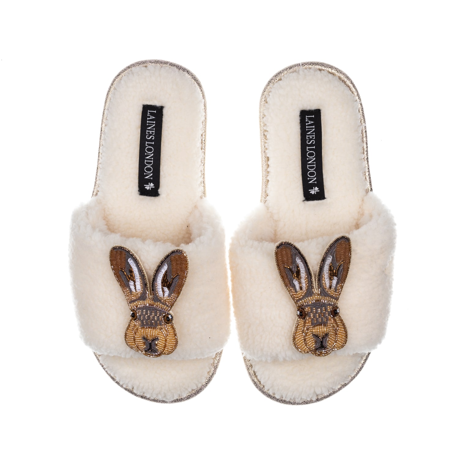Laines London Women's White Teddy Toweling Slipper Sliders With Double Hare Brooches - Cream In White