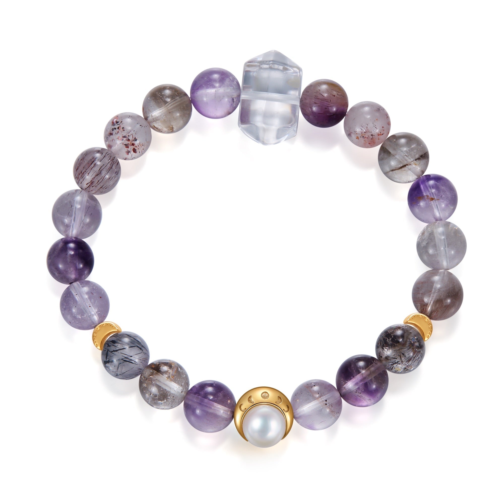Aurozia Women's Gold Mystic Veil Lunar Phase& Moon Amethyst Super Seven Clear Quartz  Crystal Bracelet In Gold