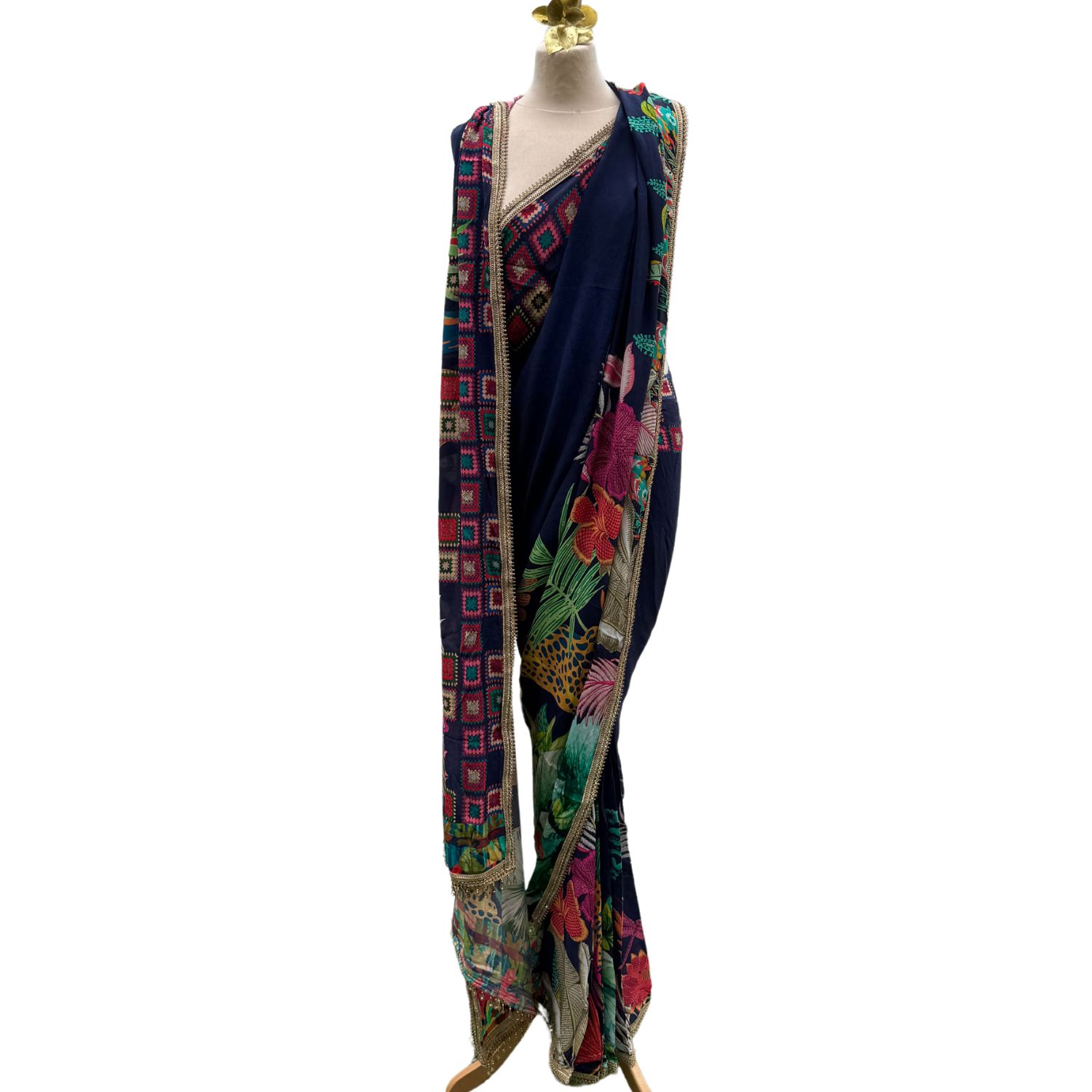 Women's Blue Lily Pre-Stitched Printed Sari - Ready To Wear | M/L | Nesavaali