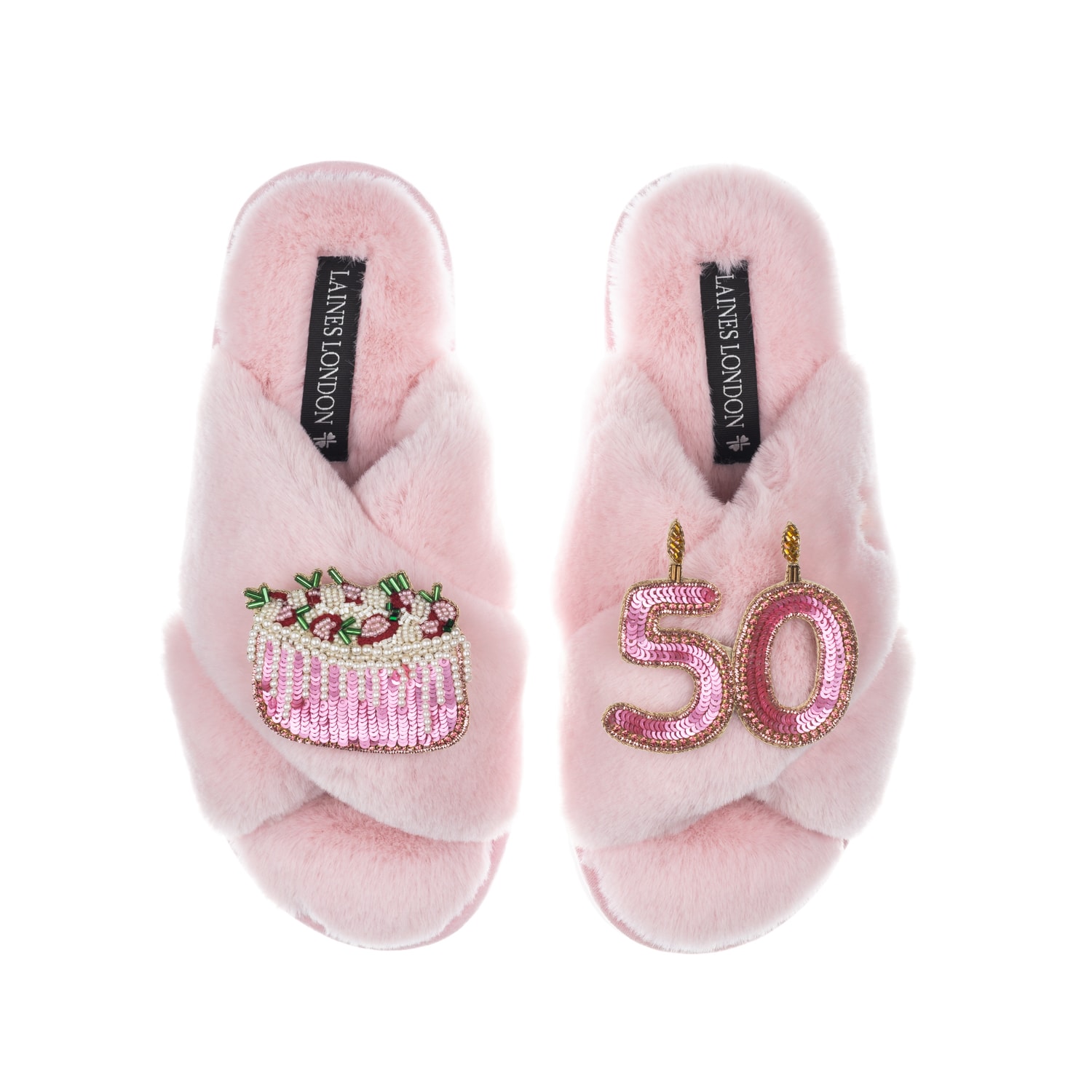 Women's Purple Classic Laines Slippers With 50Th Birthday & Cake Brooches - Pink | Large | Laines London