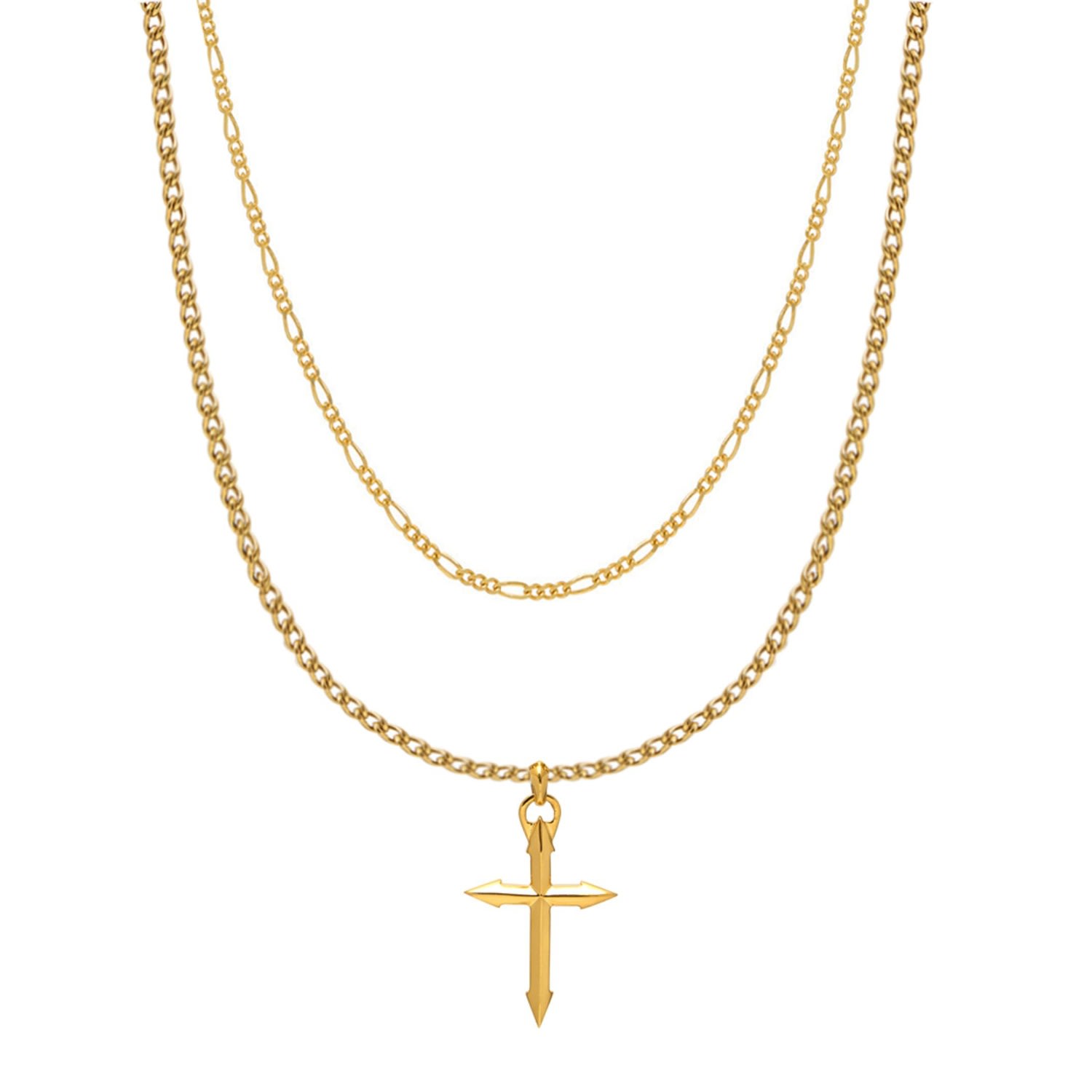 Men’s Gold Medium Figaro & Cross Chain Necklace Set Northskull