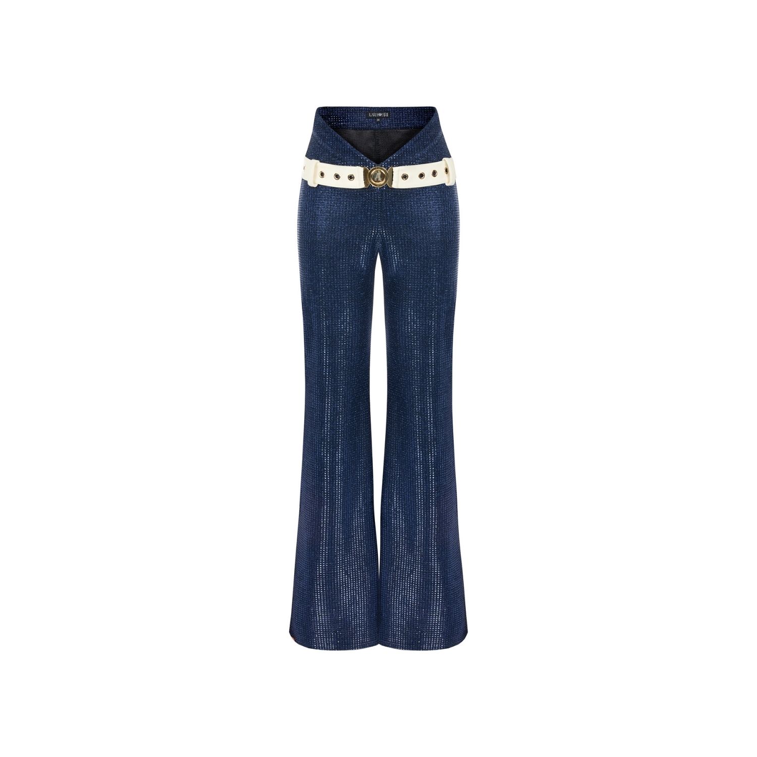Lara Ari Women's Navy Blue Flared Trousers With Ivory Belt Detail