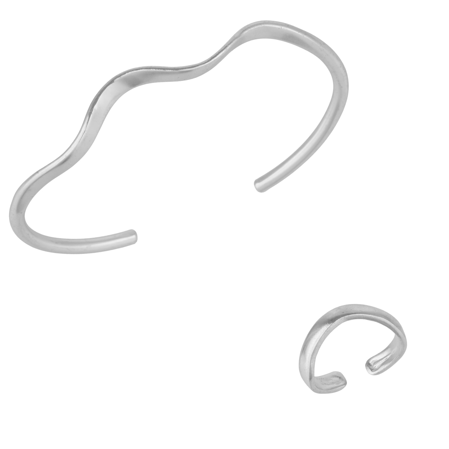Mejoma Women's Molten Wavy Cuff Bangle Silver Bracelet & Elegance Silver Wavy Ring Set In Silver