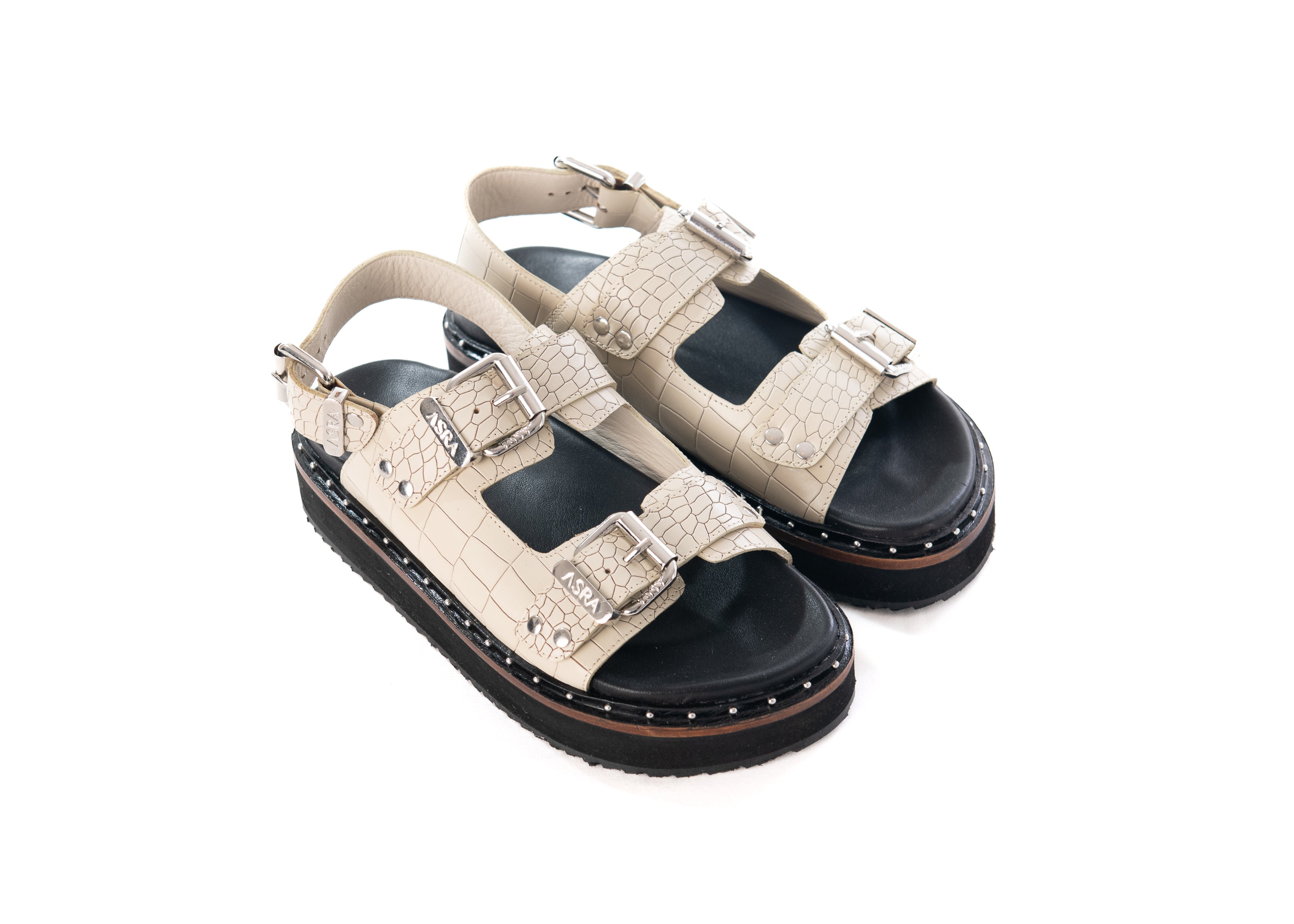 Asra Women's Sami - Rice White Croc Leather Sandal With Double Buckle In Neutral