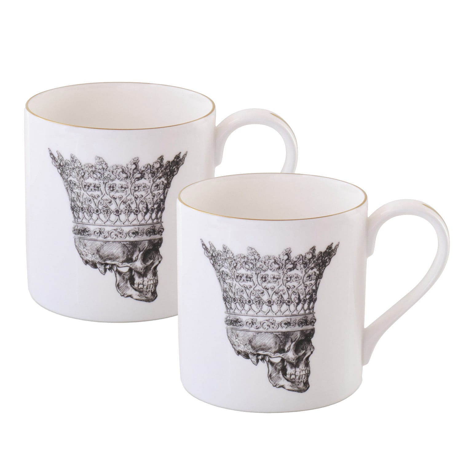 Melody Rose London White / Gold Large Skull In Crown Bone China Set Of Two Mugs