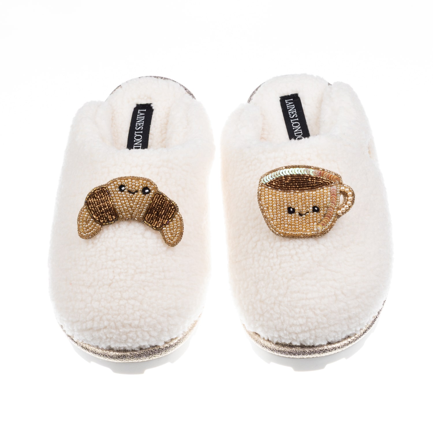 Laines London Women's Neutrals / White Teddy Closed Toe Slippers With Laines Lovables Coffee & Croissant Brooches  In White