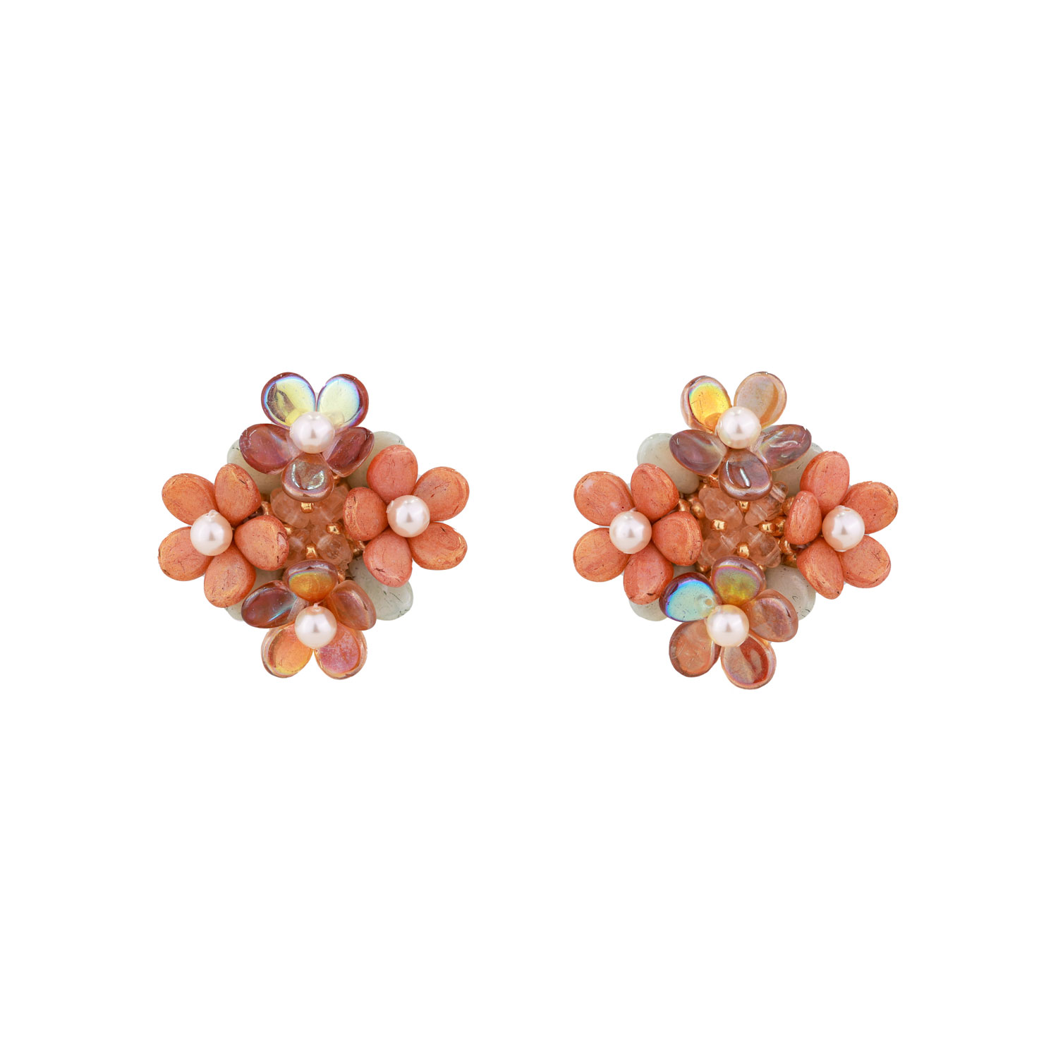 Oanasavu.creations Women's Gold / Yellow / Orange Statement Beaded Flower Earrings Sterling Silver Studs In Multi
