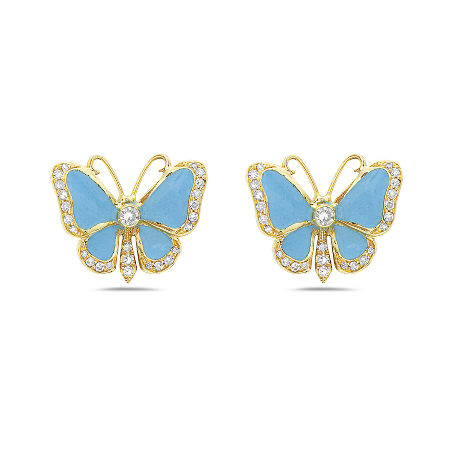 Artisan Women's White / Blue / Gold Elegant Diamond & Enamel Butterfly Stud Earrings In Yellow Gold In Multi