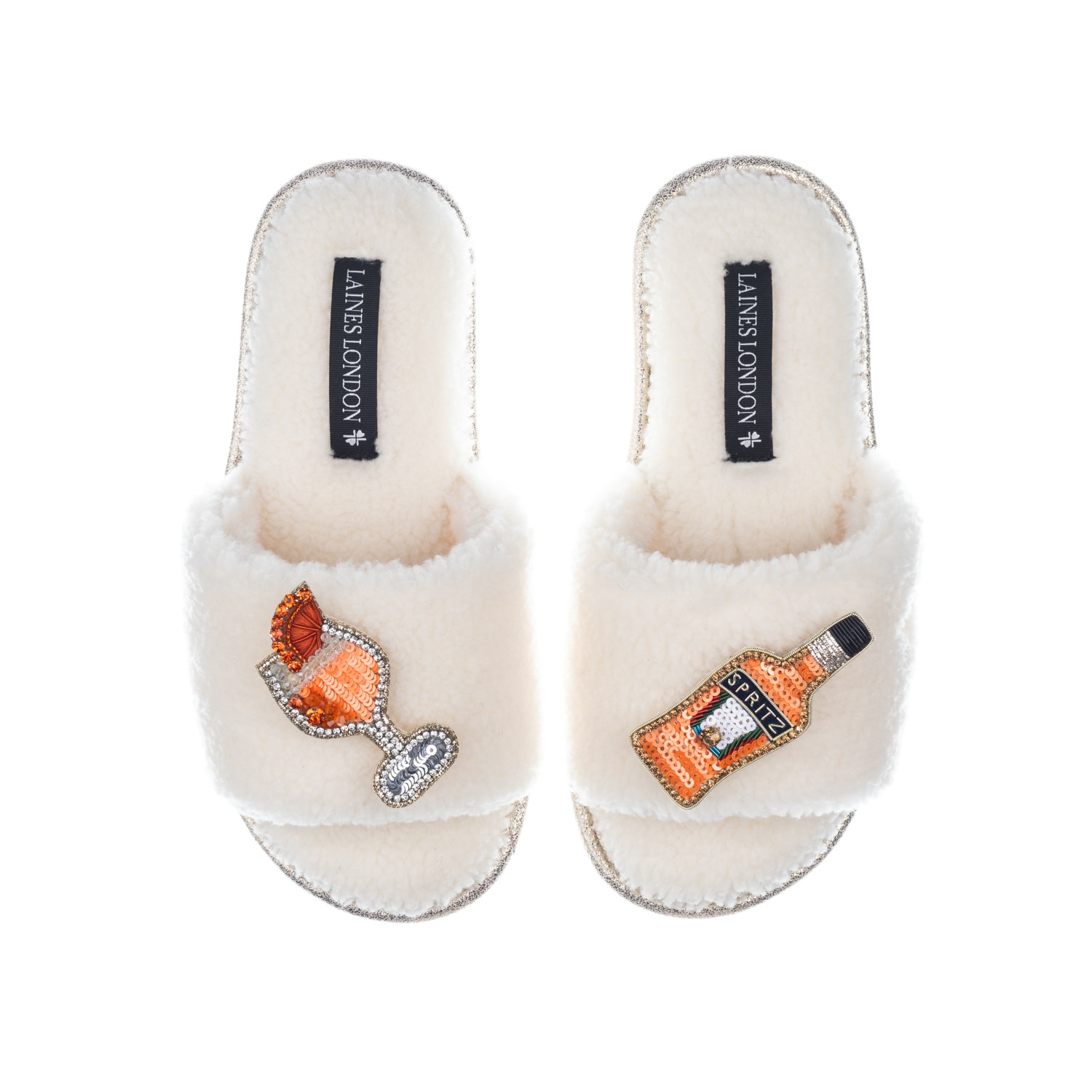 Laines London Women's White Teddy Towelling Slipper Sliders With Summer Spritz Brooches - Cream In Neutral