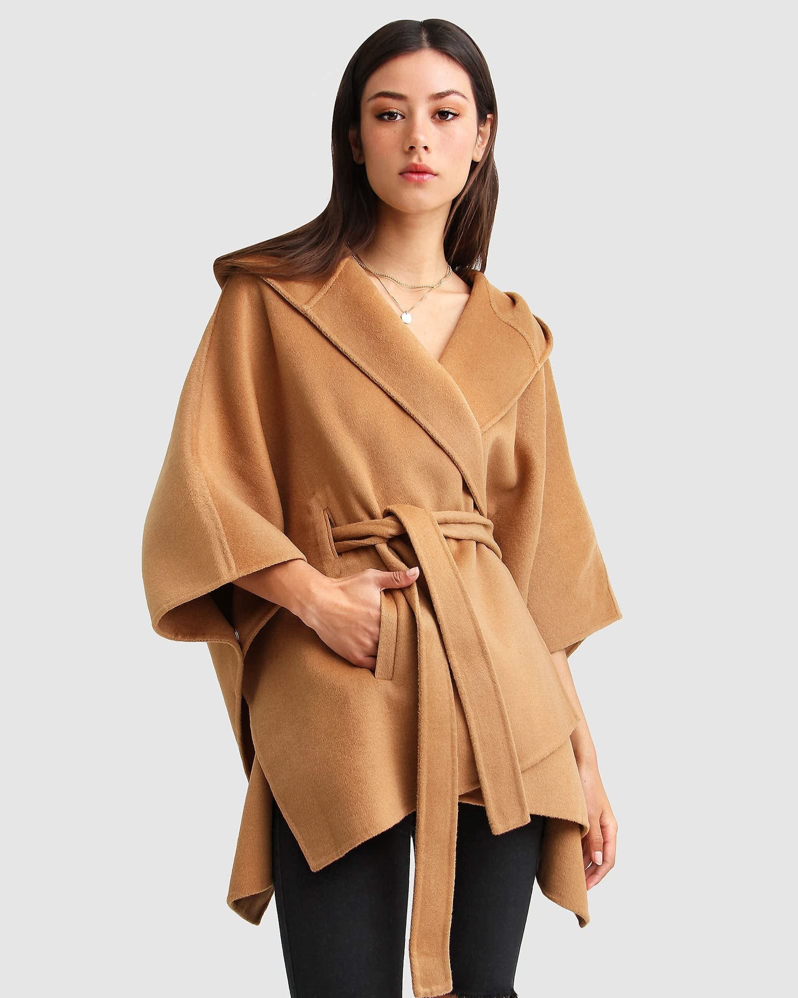 Camel Hooded Wool Blend Wrap Coat