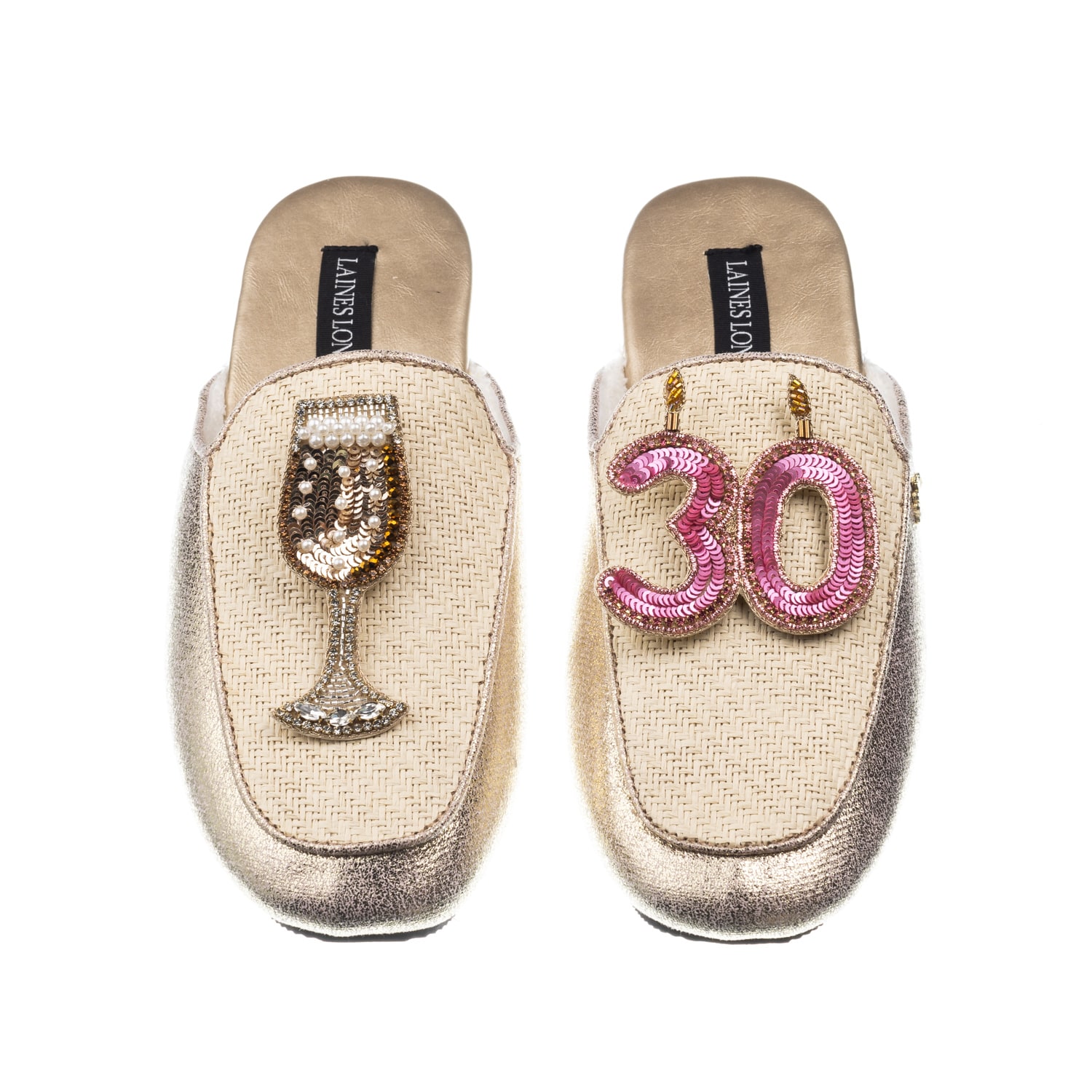 Women’s Gold / Neutrals Classic Mules With 30Th Birthday & Glass Of Champagne Brooches - Cream & Gold Small Laines London