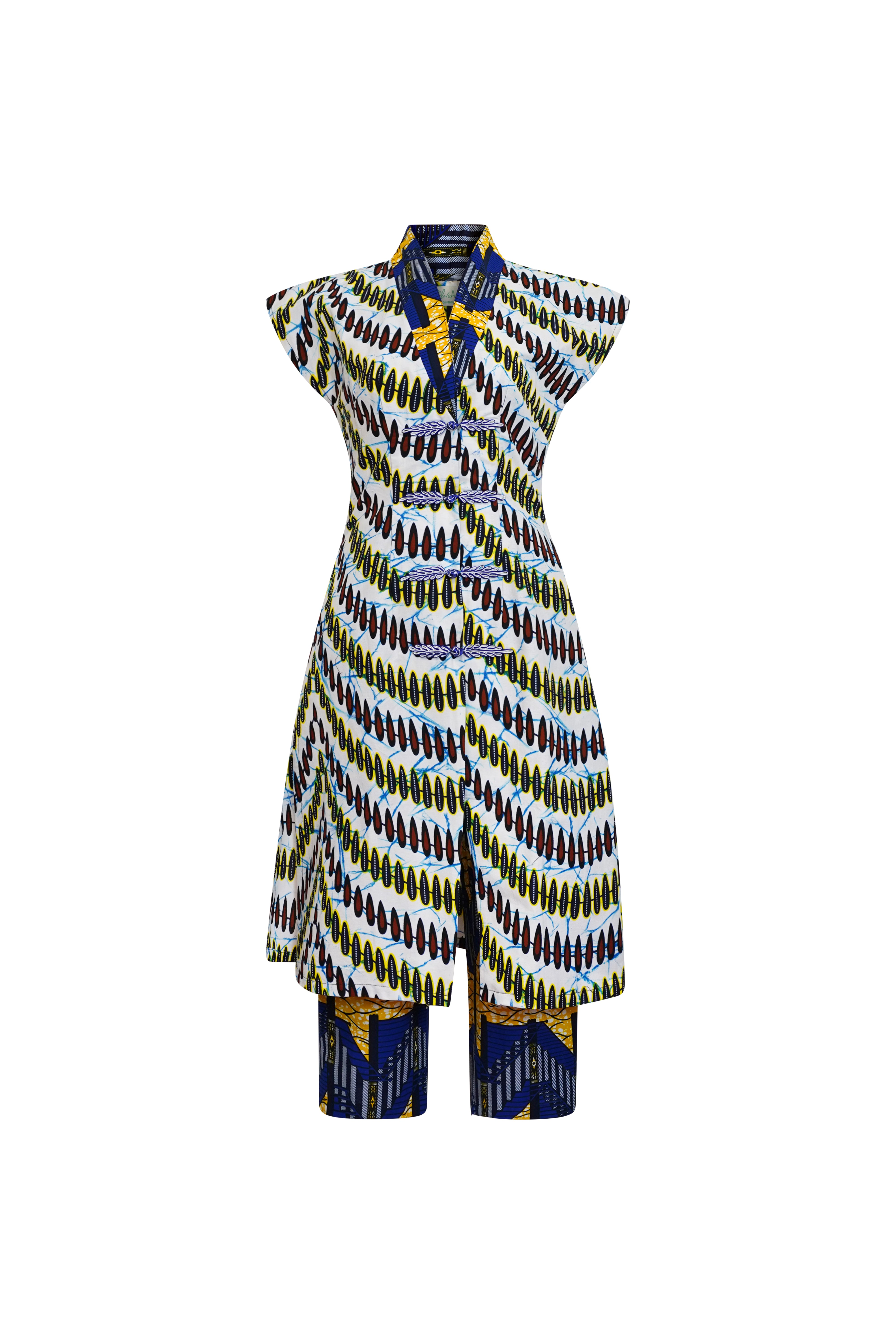 Yellow / Orange / Blue Taiwo Cheongsam Twin Set - Blue White & Yellow African Ankara Wax Cotton Print Extra Small Oliveankara