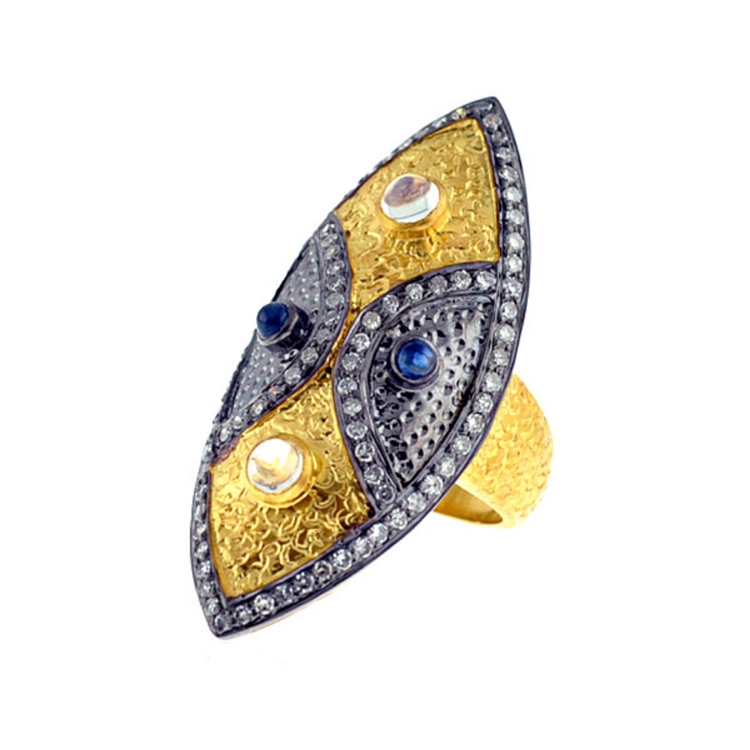 Women’s Gold / White Bezel Set Blue Sapphire & Moonstone With Diamond In 14K Gold 925 Silver Marquise Shape Ring Artisan