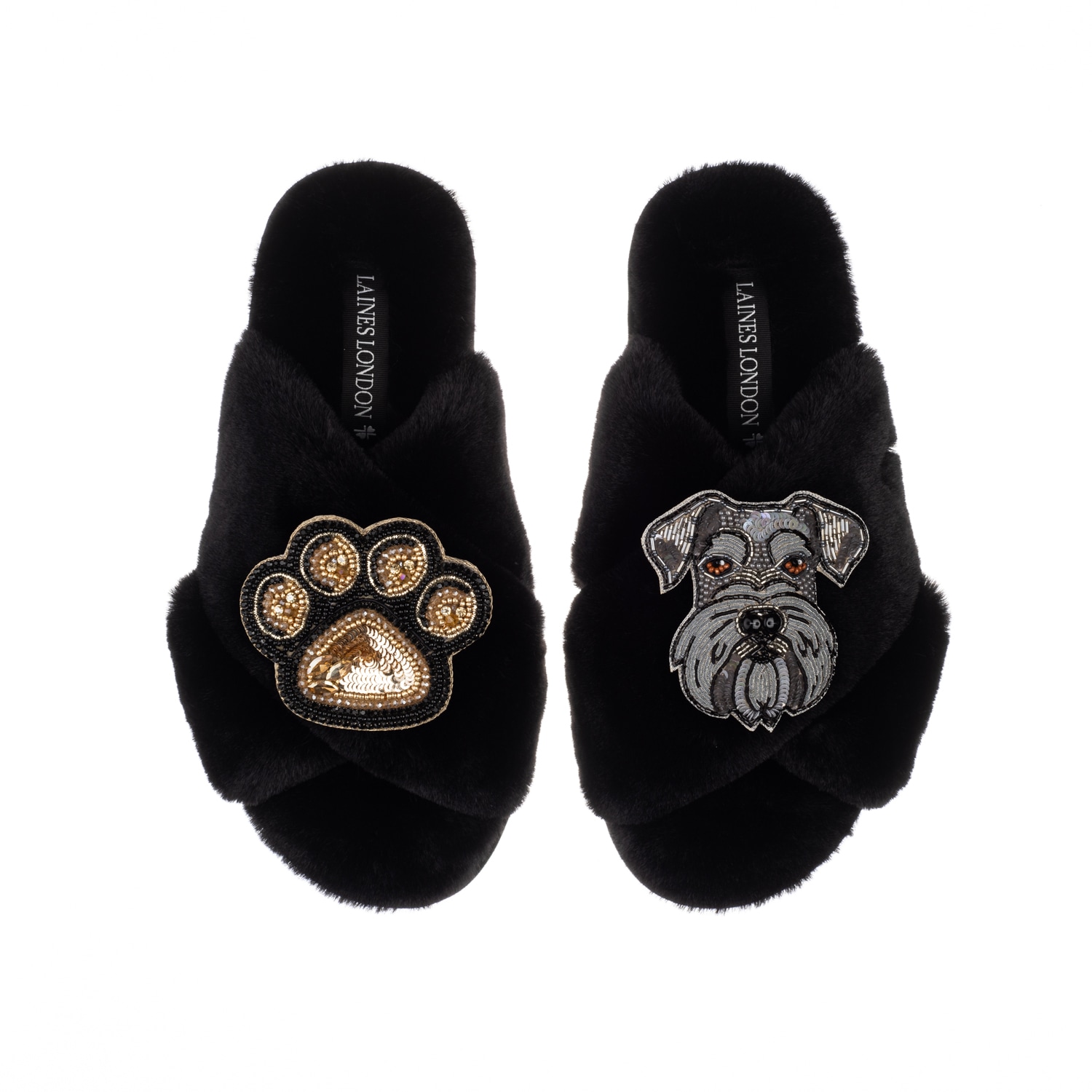 Laines London Women's Classic Laines Slippers With Ernie The Schnauzer & Paw Brooches - Black In Black