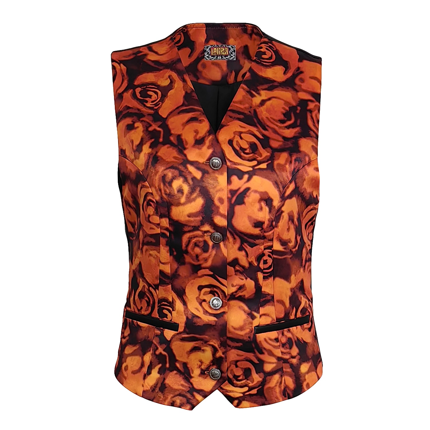 Lalipop Design Women's Floral Digital Print & Black Vegan Leather Vest