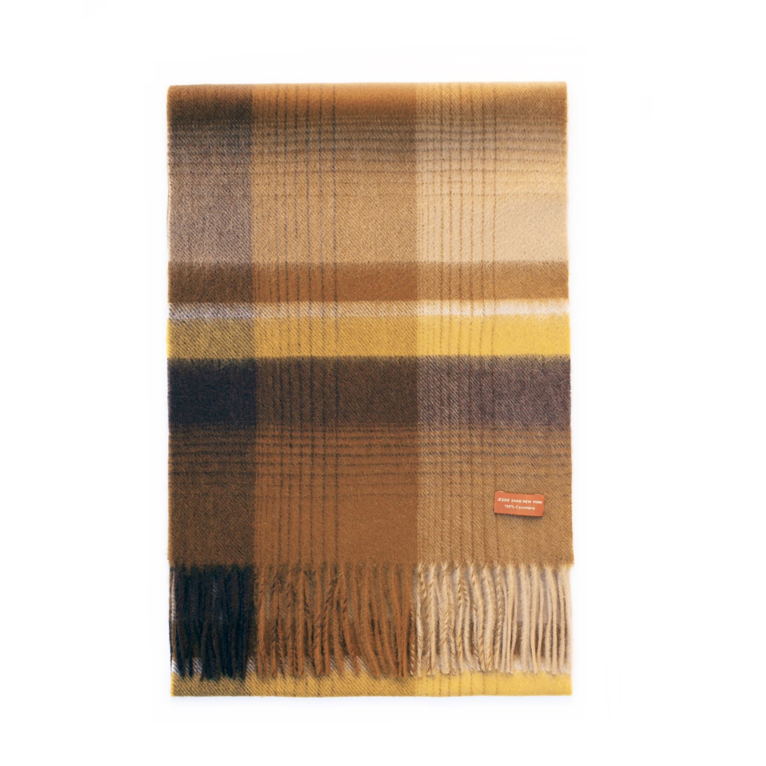 Women’s Brown / Neutrals / Yellow Cashmere Plaid Fringe Scarf - Ochre Jessie Zhao New York