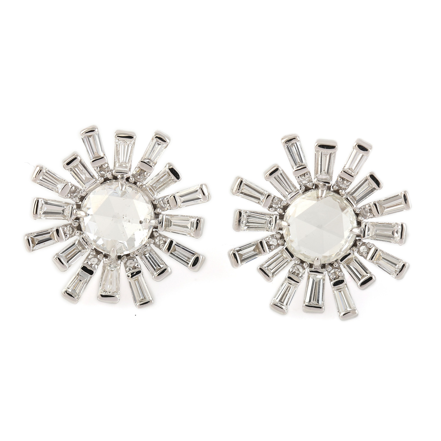 Women’s 18K Solid White Gold Natural Baguette Shape Diamond Flower Stud Earrings Artisan