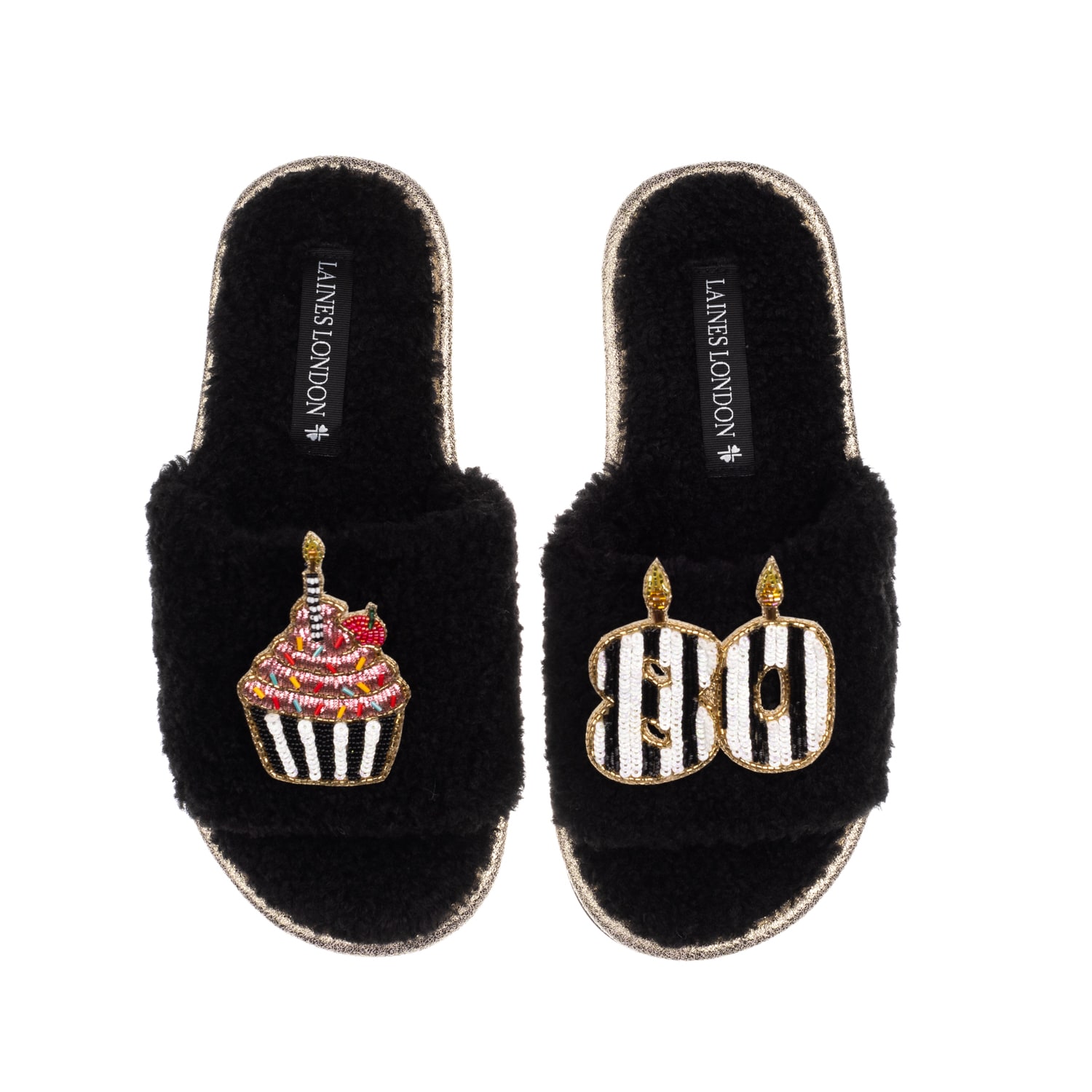 Laines London Women's Teddy Toweling Slipper Slider With Stripe 80th Birthday & Cake Brooches - Black In Black