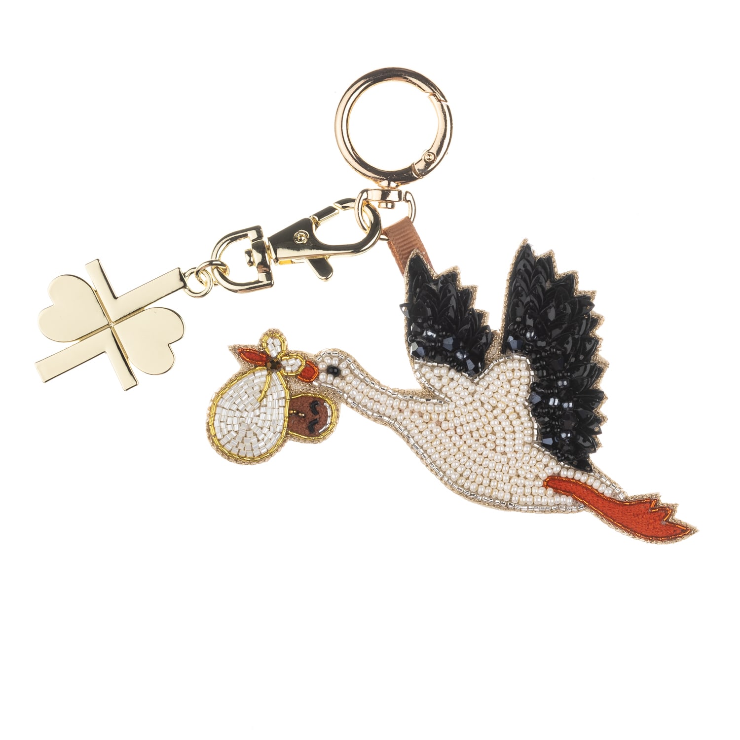 Women's White / Black / Gold New Baby Stork Hand-Beaded Bag Charm - Dark Skin | Laines London