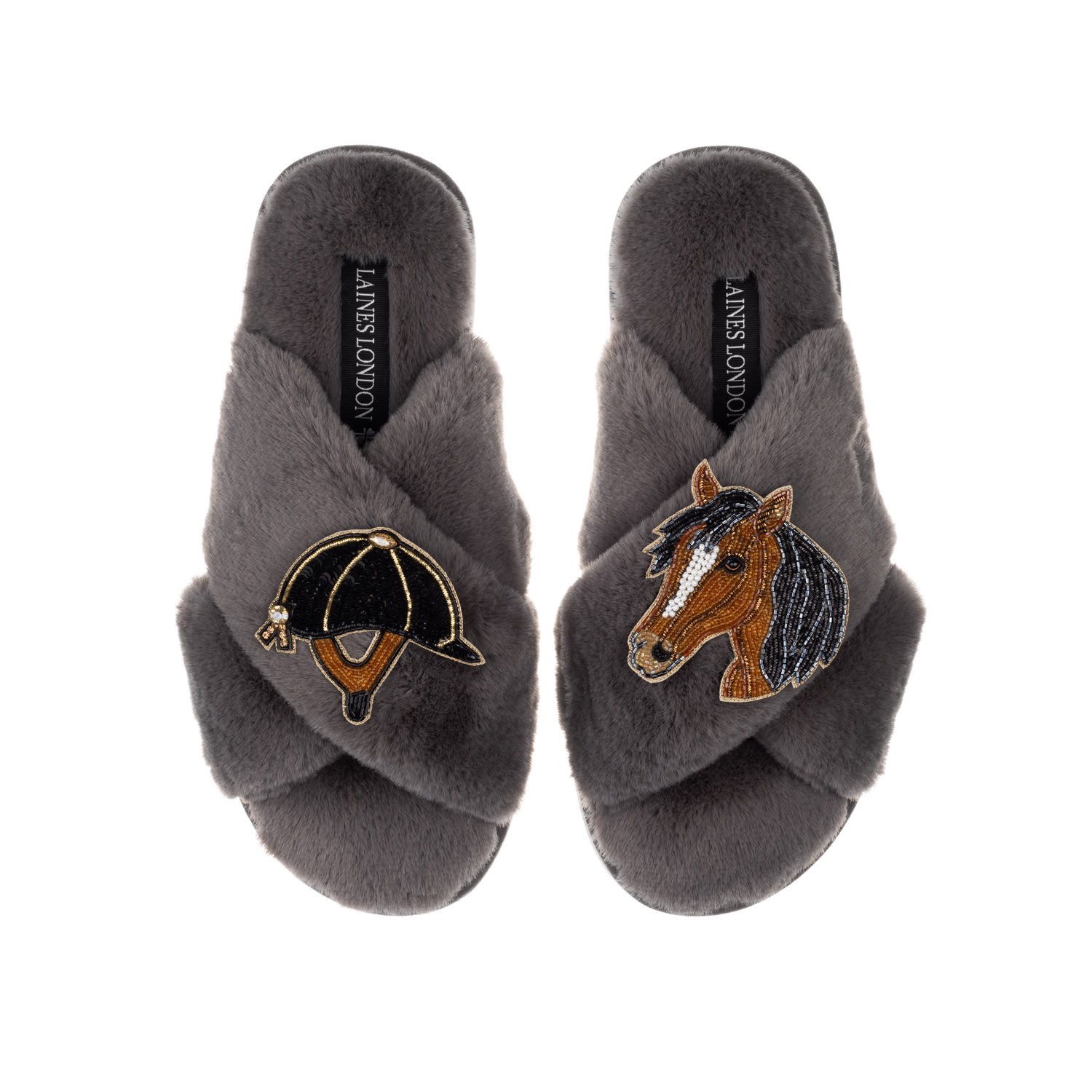 Laines London Women's Classic Laines Slippers With Riding Hat & Horse Brooches - Grey In Grey