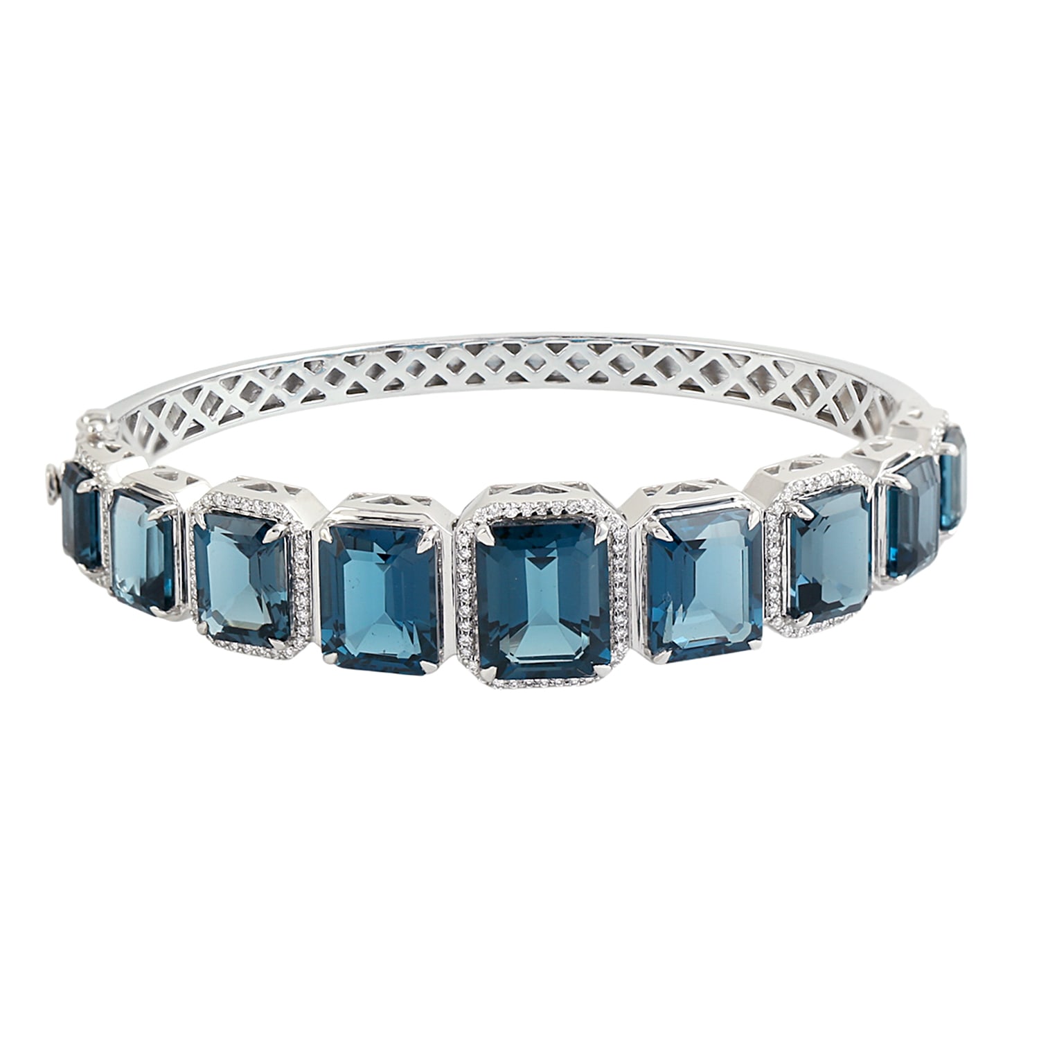 Artisan Women's White / Blue London Topaz Gemstone Pave Diamond Designer Bangle In White Gold