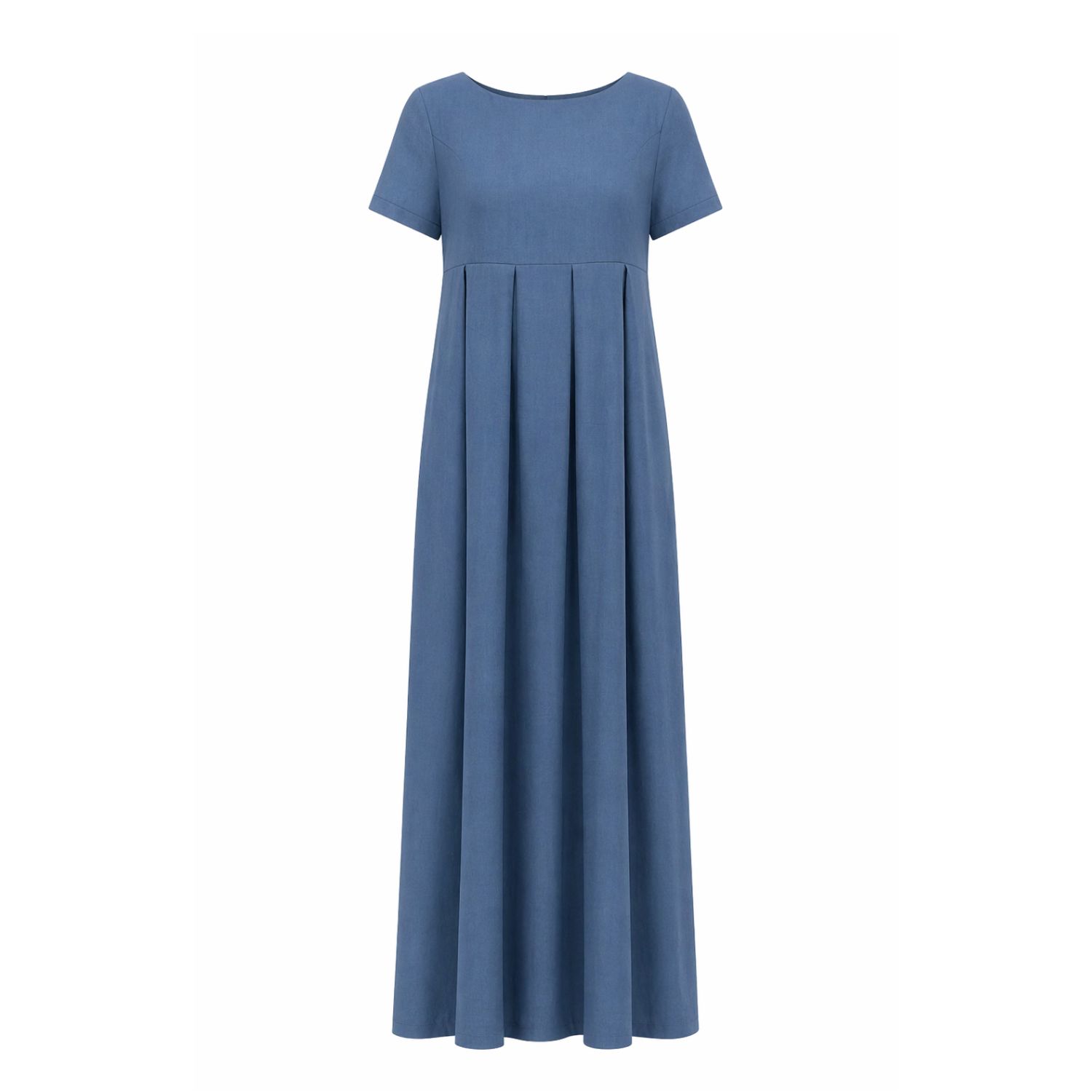 Maxi Linen Maternity Dress With Short Sleeves And Empire Waist In Slate Blue Color | Nikka Place