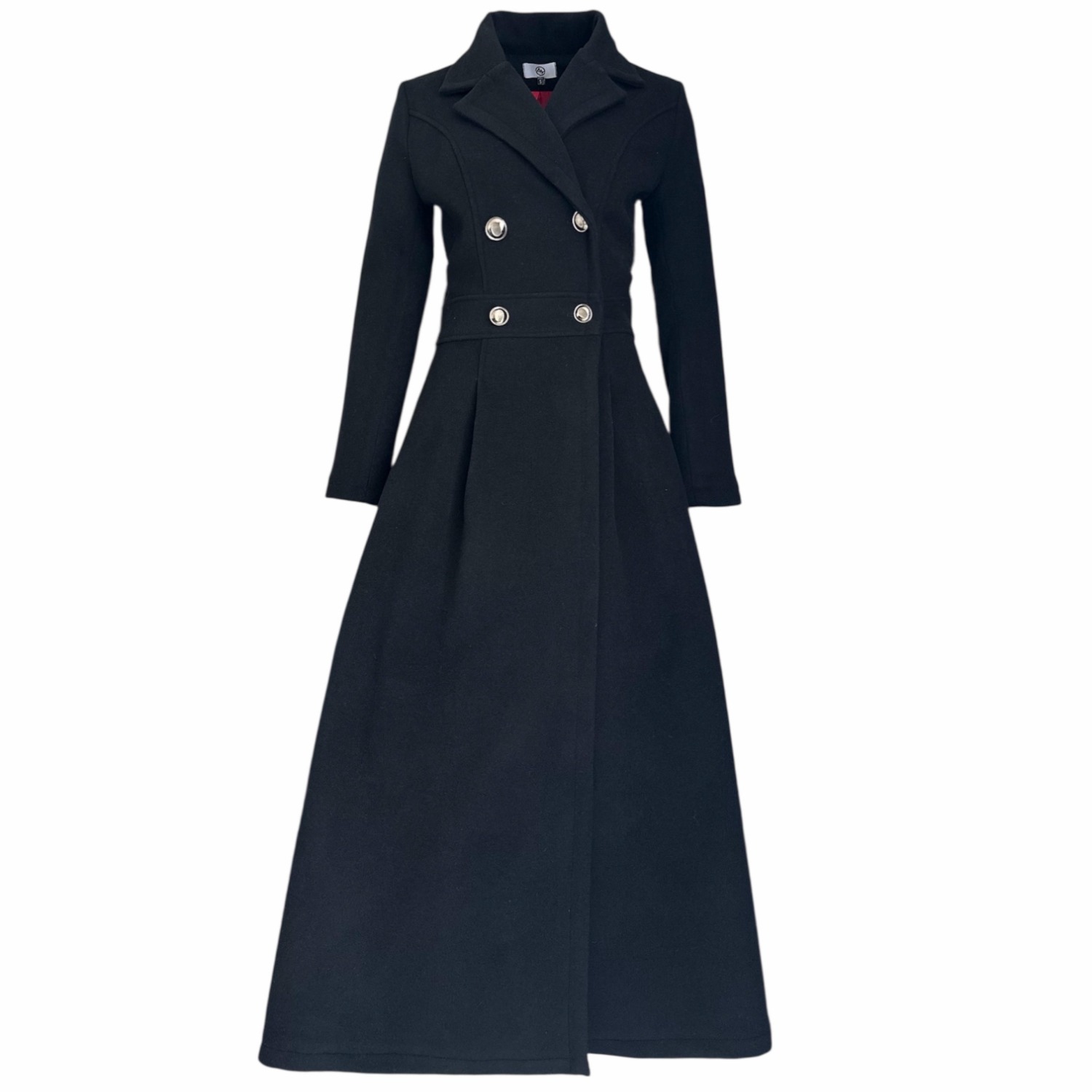 Adrenaline Fashion Women's Elegant Long Black Wool Coat With Luxury Red Lining And Double-breasted Buttons In Blue