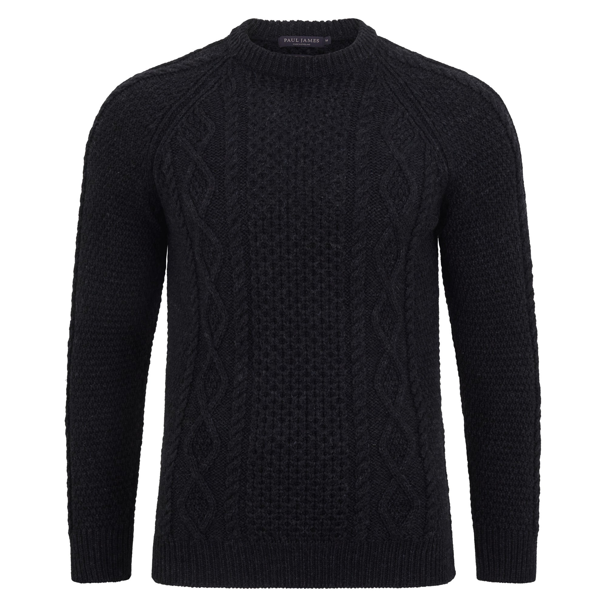 Paul James Knitwear Mens Chunky Merino Wool Geoffrey Fisherman's Jumper - Slate Black In Black