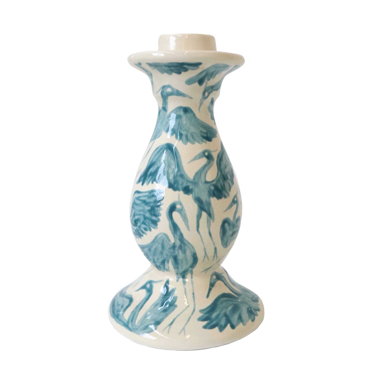 Green / Blue Herons Hand Painted Ceramic Candlestick - Blue, Green One Size Rosanna Corfe