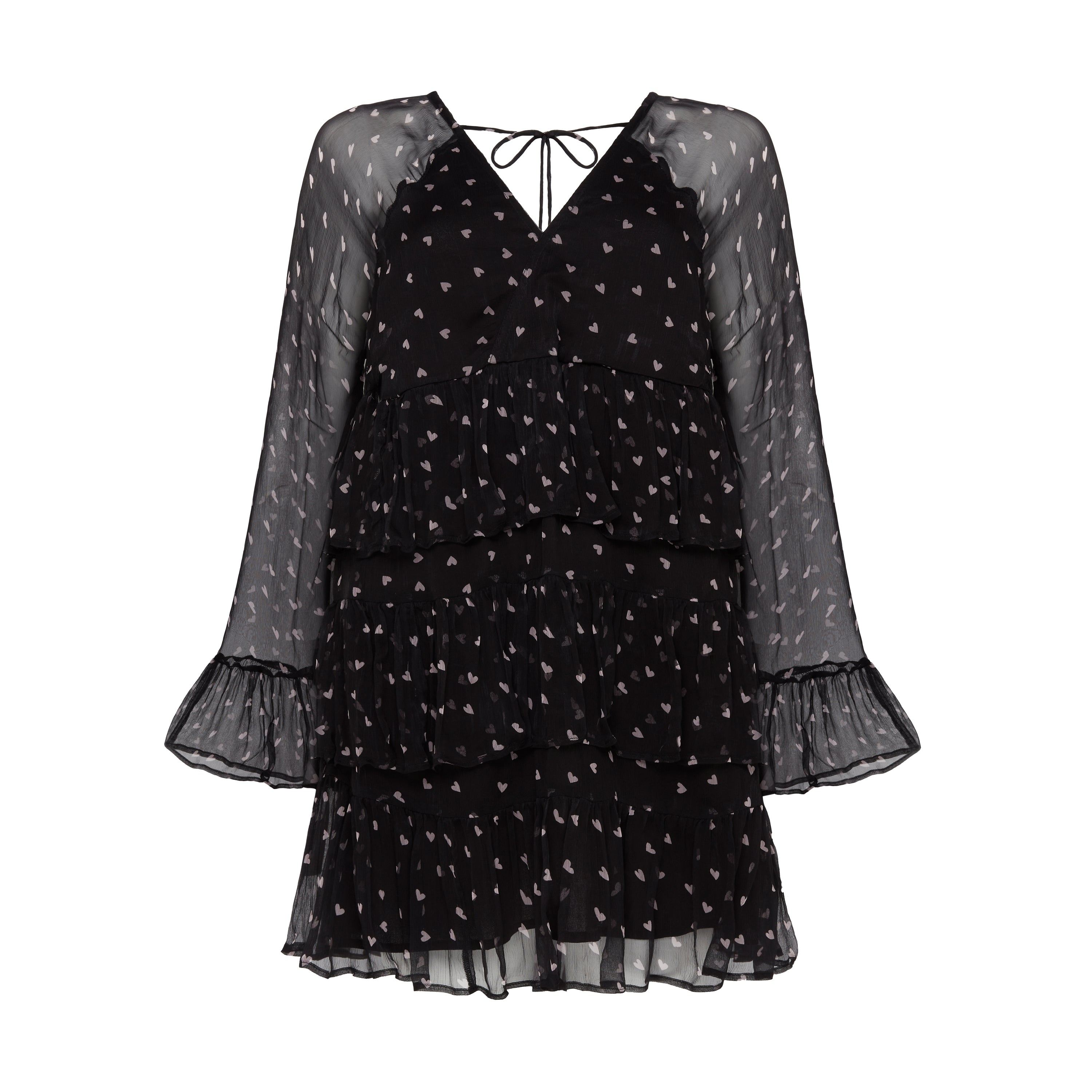 Rose & Nancy Women's Black / Pink / Purple Evie Heart Black Heart Print Tiered Mini Dress In Black/pink/purple