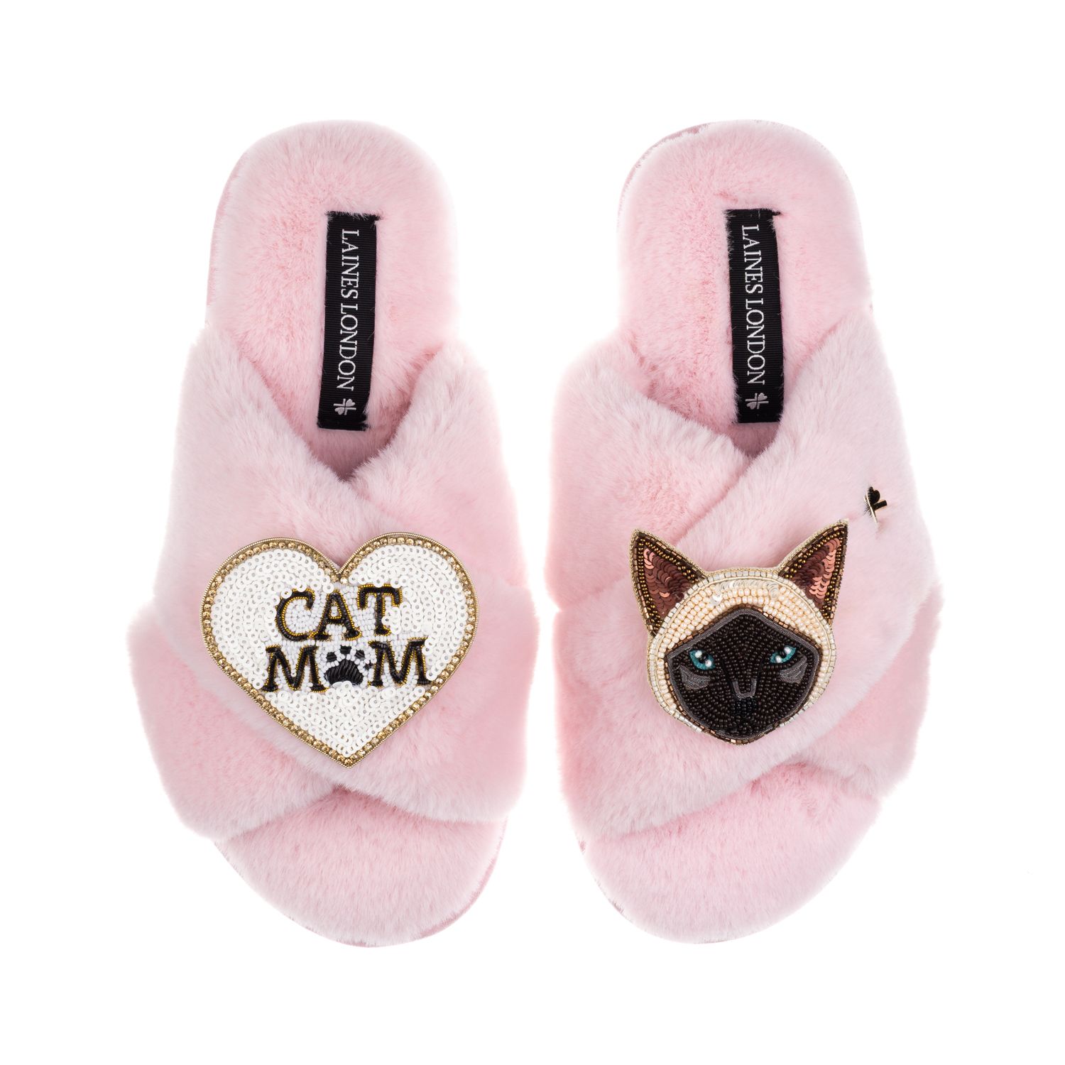 Laines London Women's Classic Laines Slippers With Cat Mum / Mom & Siamese Cat Brooches - Pink In Pink