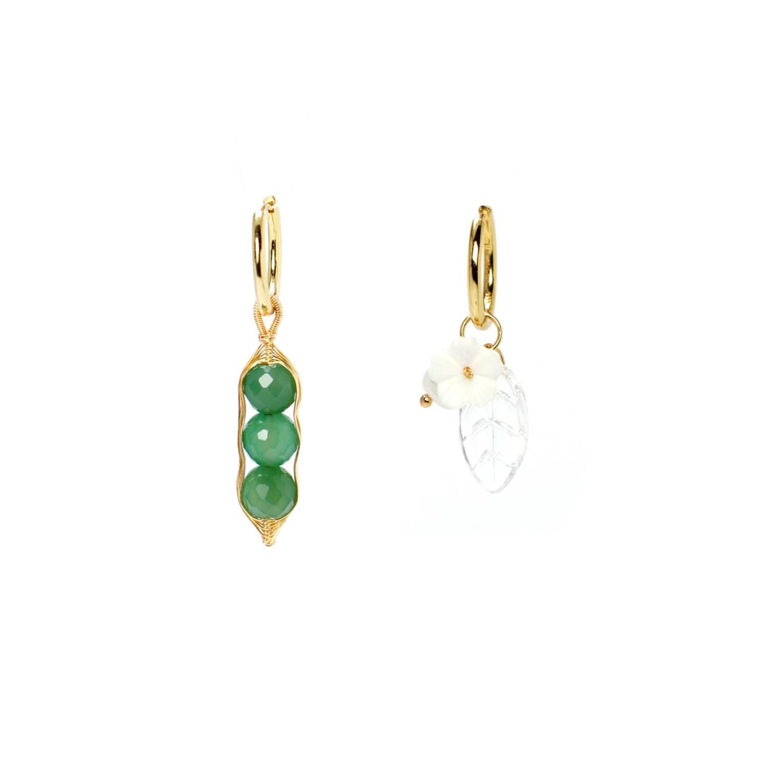 I'mmany London Women's Garden Peas & Hoop Drop Asymmetrical Earrings Green Chrysoprase In Green