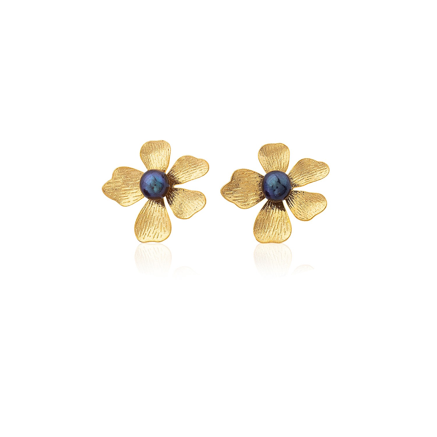 Milou Jewelry Women's Gold Flower Earrings With Black Pearl In Gold