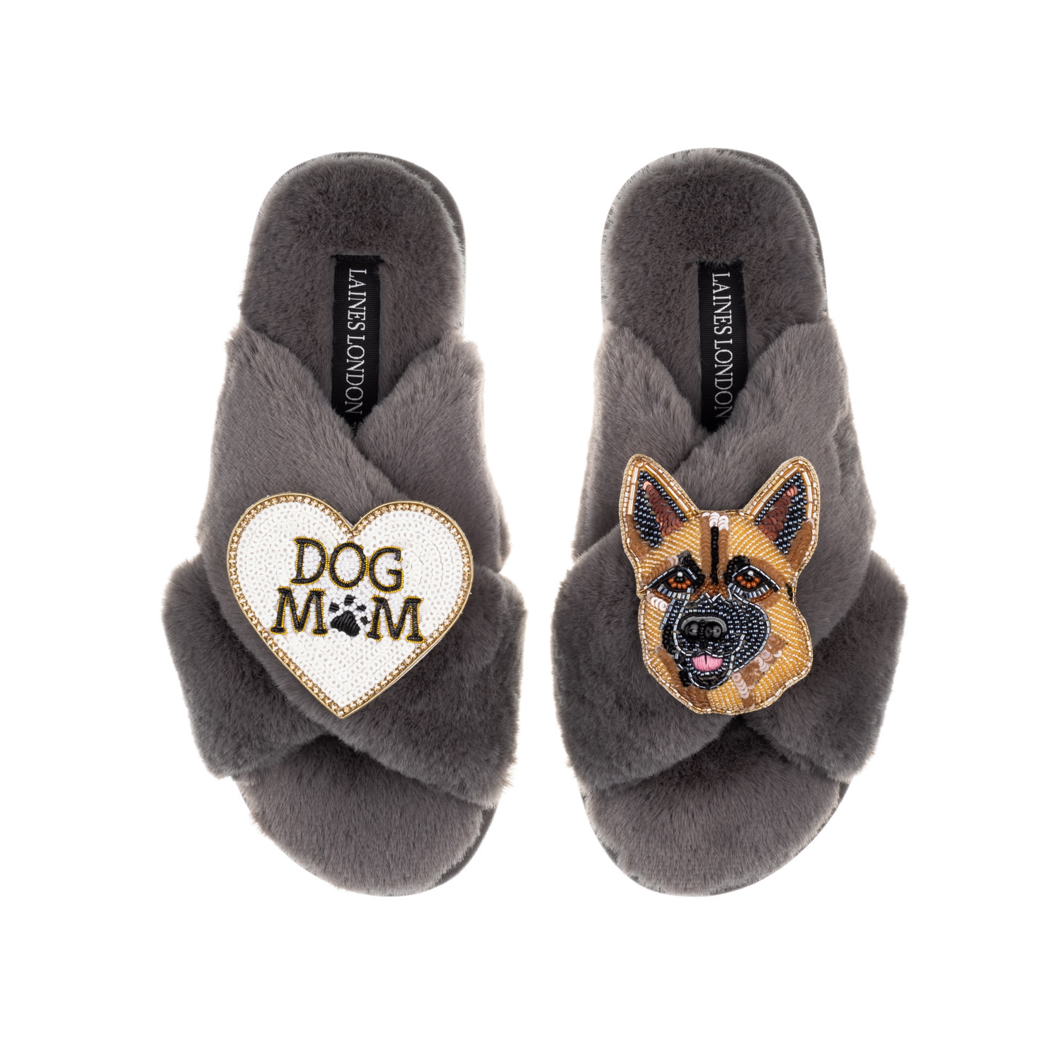 Laines London Women's Classic Laines Slippers With Roxy The German Shepherd & Dog Mum/mom Brooches - Grey In Grey