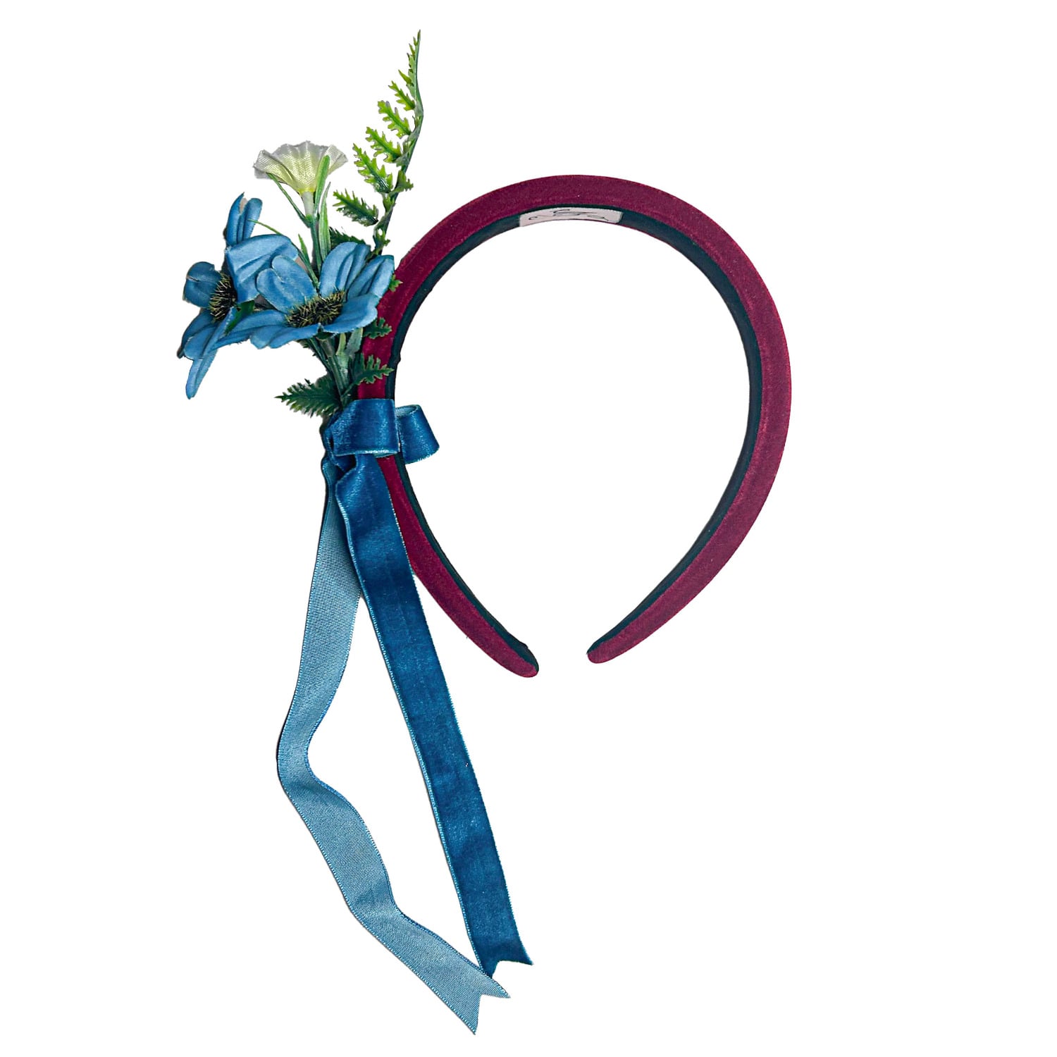 Natalia Petruch Women's Red / Blue Celestia Deep Red Wine Velvet Flower Headband – Blue Faux Flowers With Teal Velve In Multi