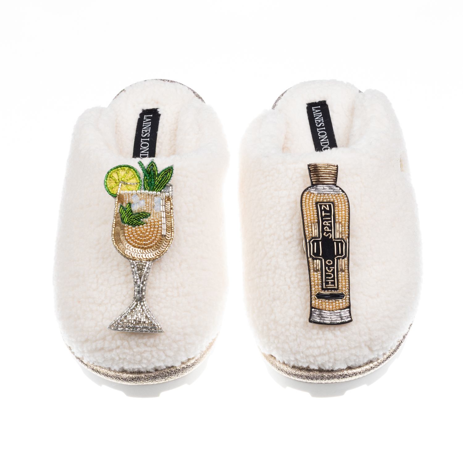 Laines London Women's Neutrals / White Teddy Closed Toe Slippers With Hugo Spritz Brooches - Cream In White